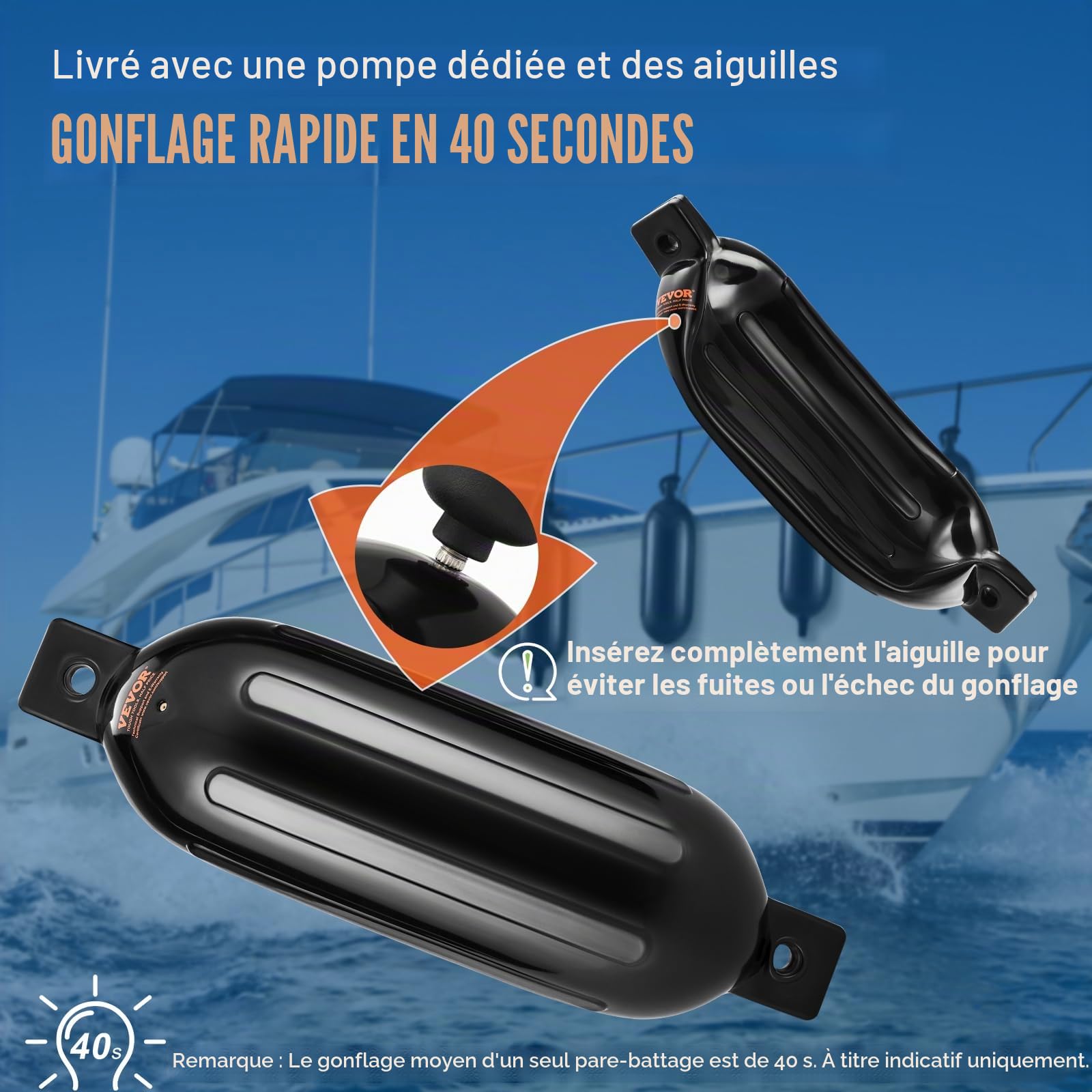 VEVOR Garde-boue de bateau, 14 x 50,8 cm, 16,5 x 58,4 cm, 21,8 x 40,6 cm, pare-chocs de bateau pour amarrage, garde-boue nervuré gonflable avec trous centraux, pare-chocs de quai de bateau marin pour