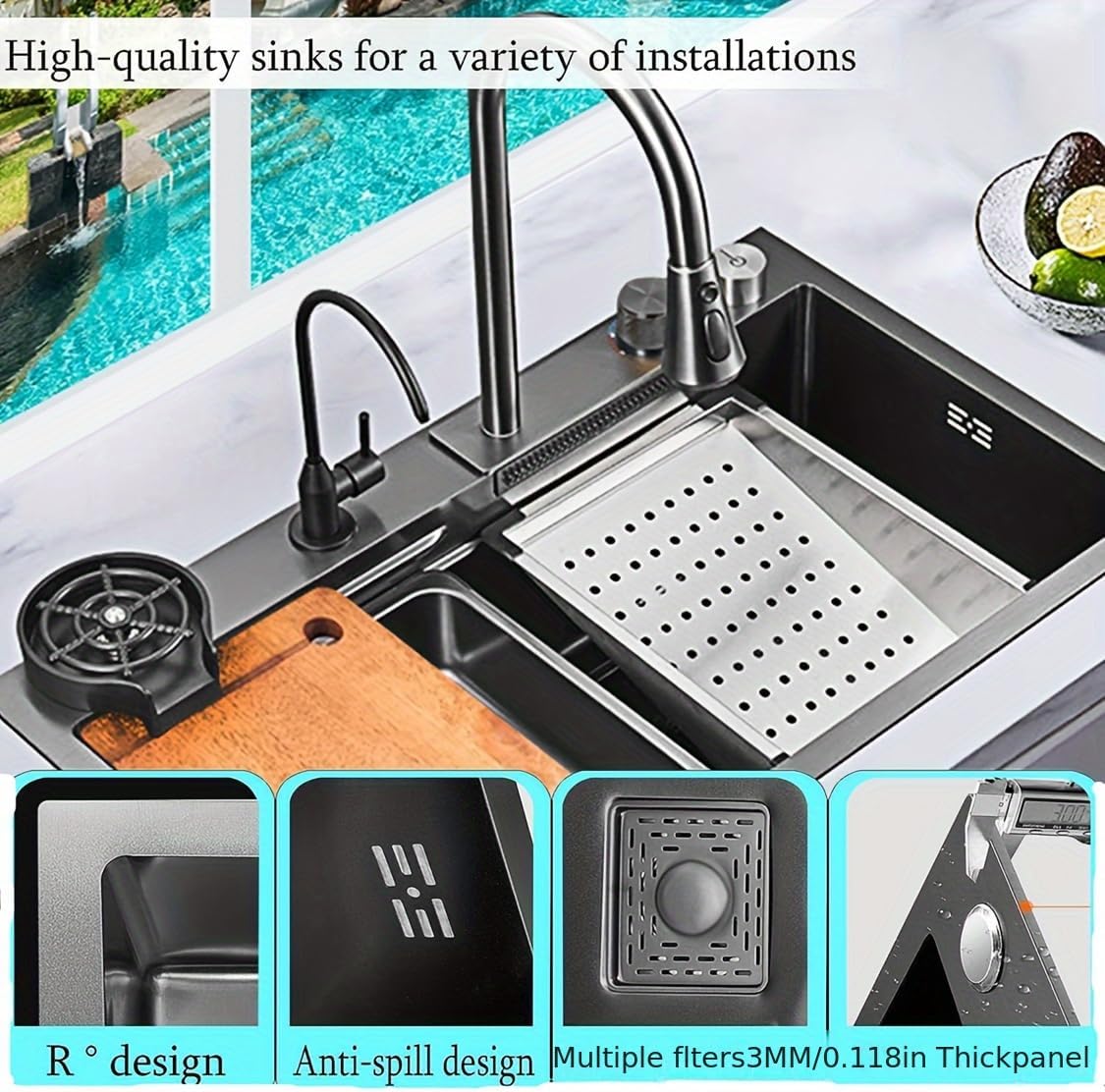 Nano Kitchen Sink 29.5 x 17.7 x 9 inches, Stainless Steel Waterfall Sink With Pull-out Faucet, Drop In Single Bowl Workstation Sinks With Multiple Filtering and Various Accessories