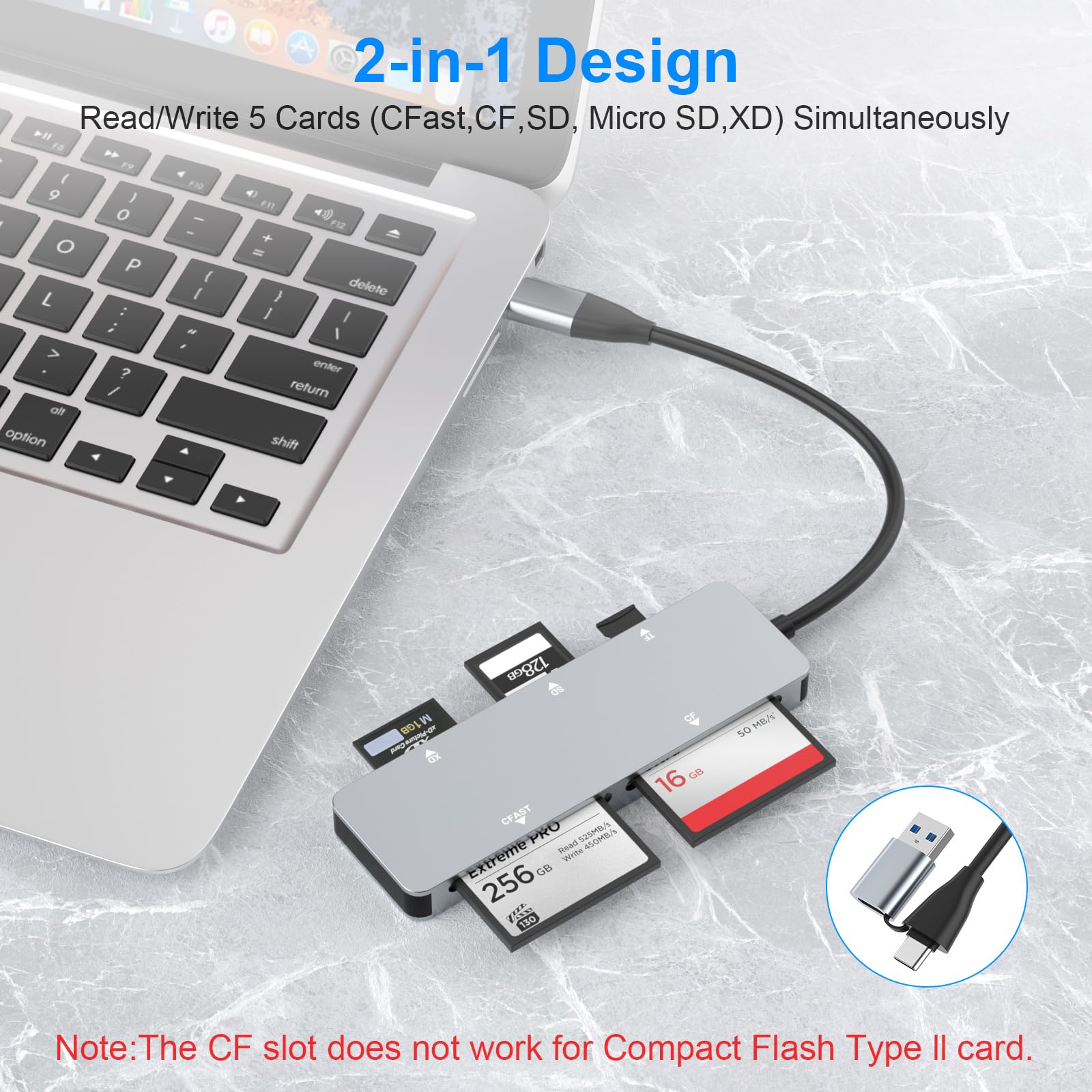 Lettore di schede CFast,USB 3.0 USB C CFast 2.0 Card Reader,Adattatore per scheda di memoria CFast ad alta velocità in alluminio da 5 Gbps per CFast/CF/SD/TF/XD, lettura simultanea di 5 schede