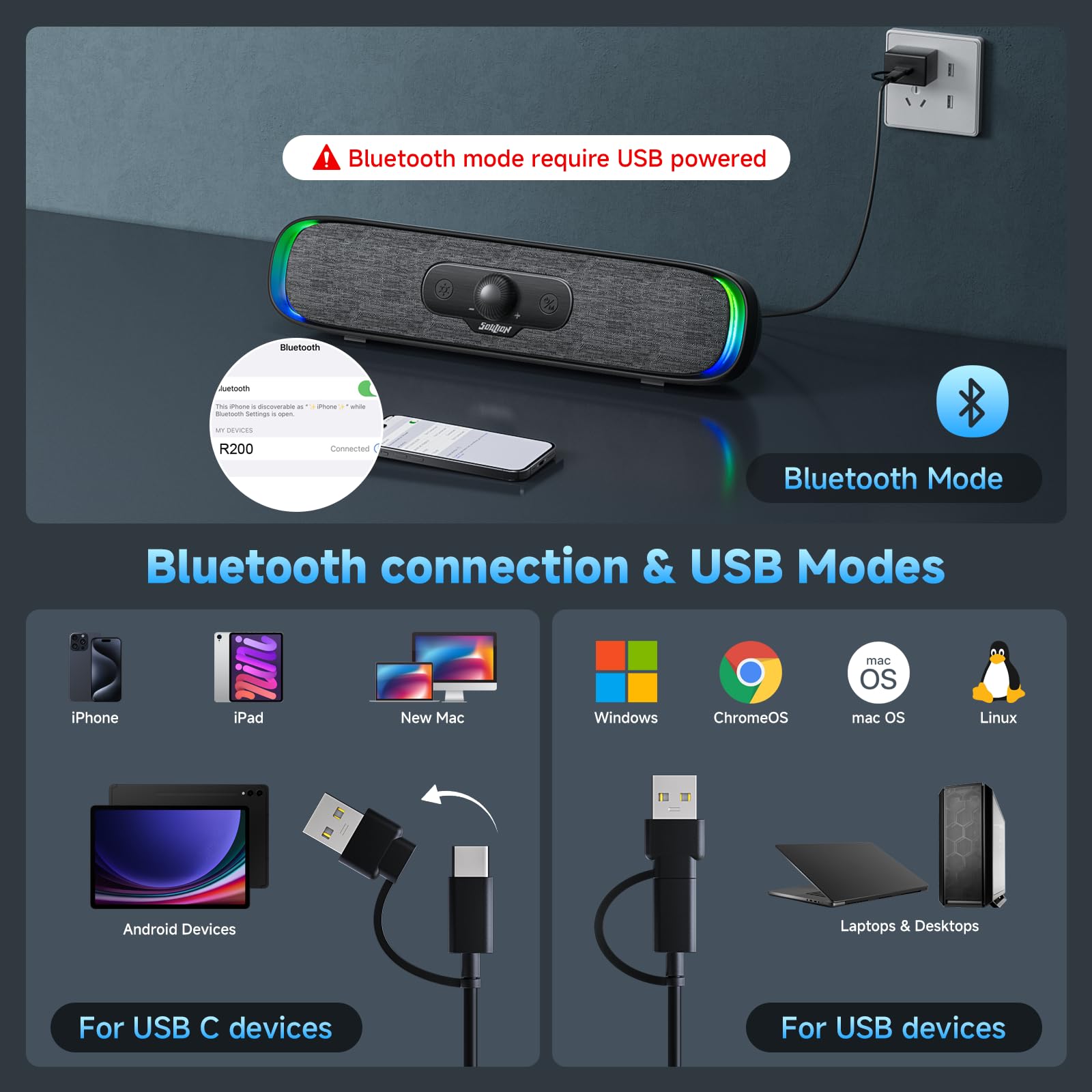 SOULION R200 Soundbar Bluetooth USB Casse per PC, Laptop, Monitor, Altoparlanti compatti con 3 effetti luminosi a LED, Alimentazione Tramite USB-C