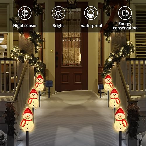 Miniatura 5 de LIGHTSHINE 3 piezas de decoraciones solares de Navidad con forma de muñeco de nieve, paisaje solar, camino, estacas de Navidad, decoración de luces