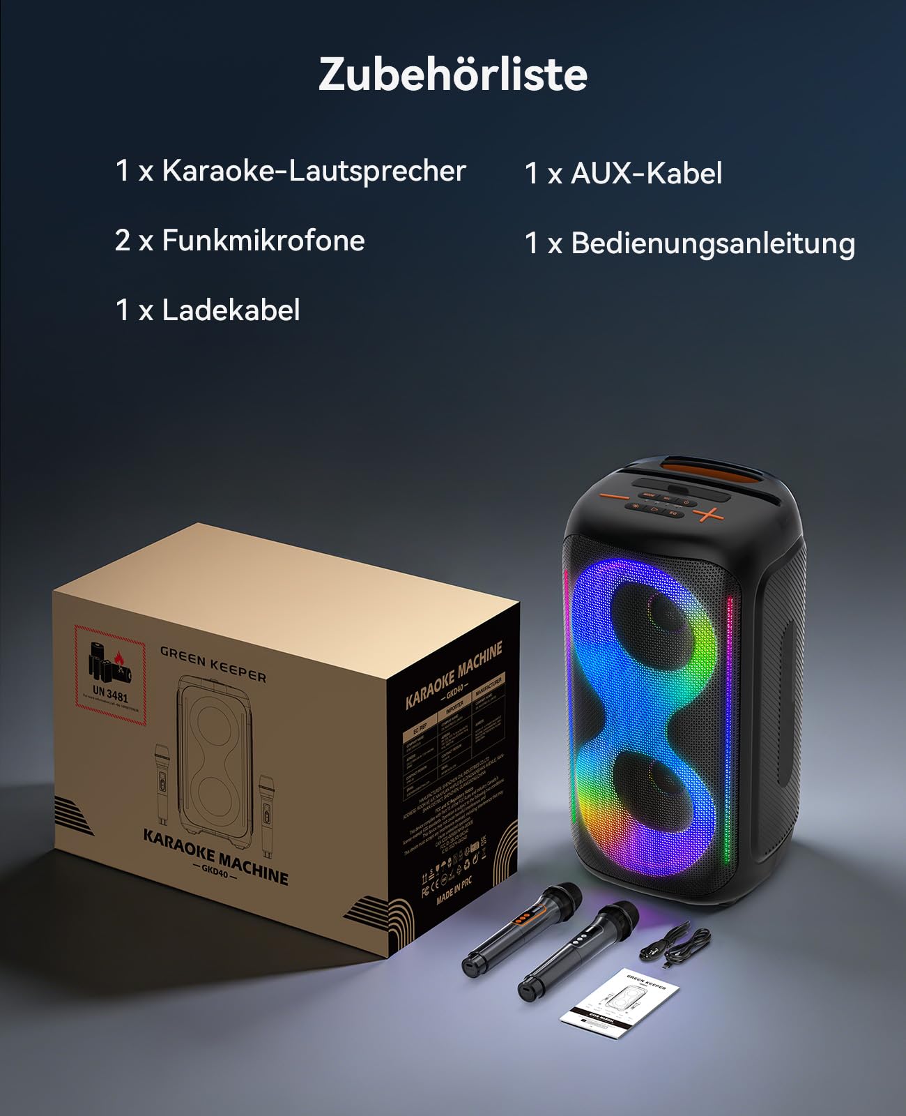 GKD40 Tragbare Karaoke-Maschine für Erwachsene, Bluetooth-Lautsprecher mit PA-System, 2 kabellose Mikrofone, Party-Lautsprecher mit LED-Licht, 4-Zoll-Woofer für Zuhause und Outdoor-Partys