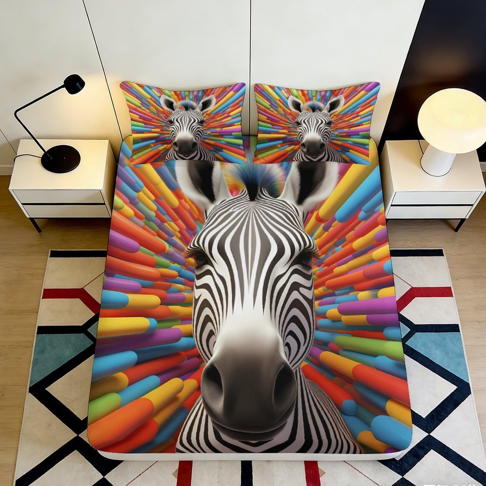 3D Printed Colorful Zebra Fitted Sheet Microfiber Soft Anti-Slip Rainbow Stripe Bed Cover for Bedroom Guest Mattress Protection 90x200x25cm
