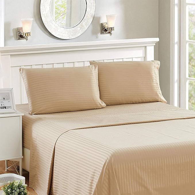 Elegant Linen Store,4 Pcs Sheet Set 100% Egyptian Cotton Stripe Pattern 300 TC 11-15 Inch Deep Pocket Size (Queen Color Taupe)