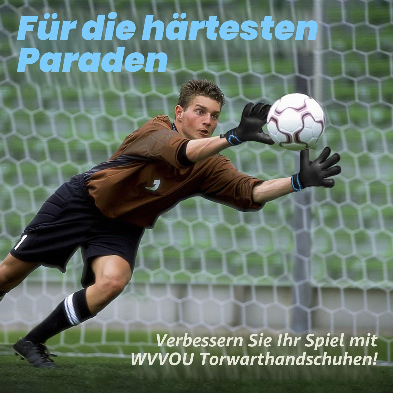 WVVOU Torwarthandschuhe Kinder und Herren Größe 6-9 Schwarz, Abnehmbarer Fingersave, 4+3 mm Latex, rutschfest, Fußball-Training und Spielbetrieb, Atmungsaktives Netz