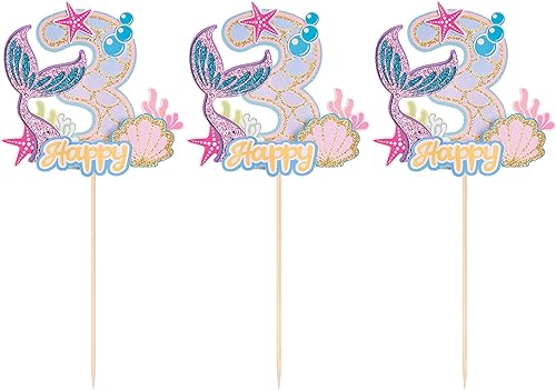 Miniatura 3 de Gyufise 1 pieza de decoración de pastel de sirena de 3 cumpleaños para niños y niñas, baby shower bajo el mar, temática de sirena, suministros de