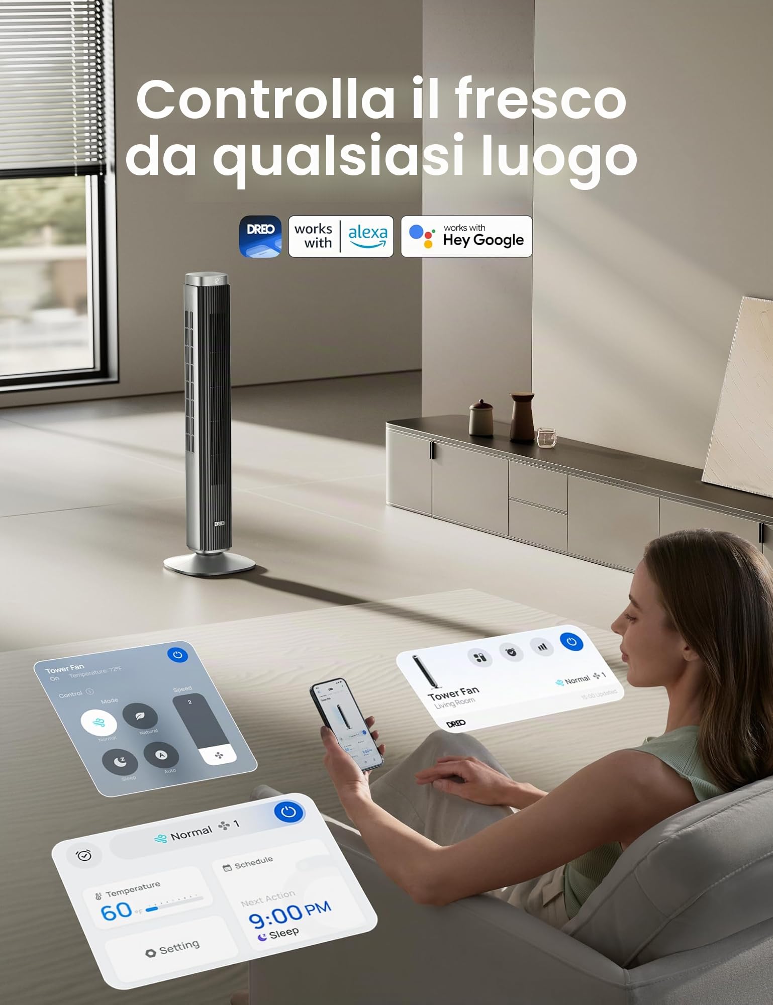 Dreo Fan Pilot Pro Tower con telecomando, 25 DB Quiet DC Portable Bladeless Fan an, 90°, timer 12H, 9 velocità, 4 modalità, display LED con controllo touch, fan del pavimento per Bedroom Home Office