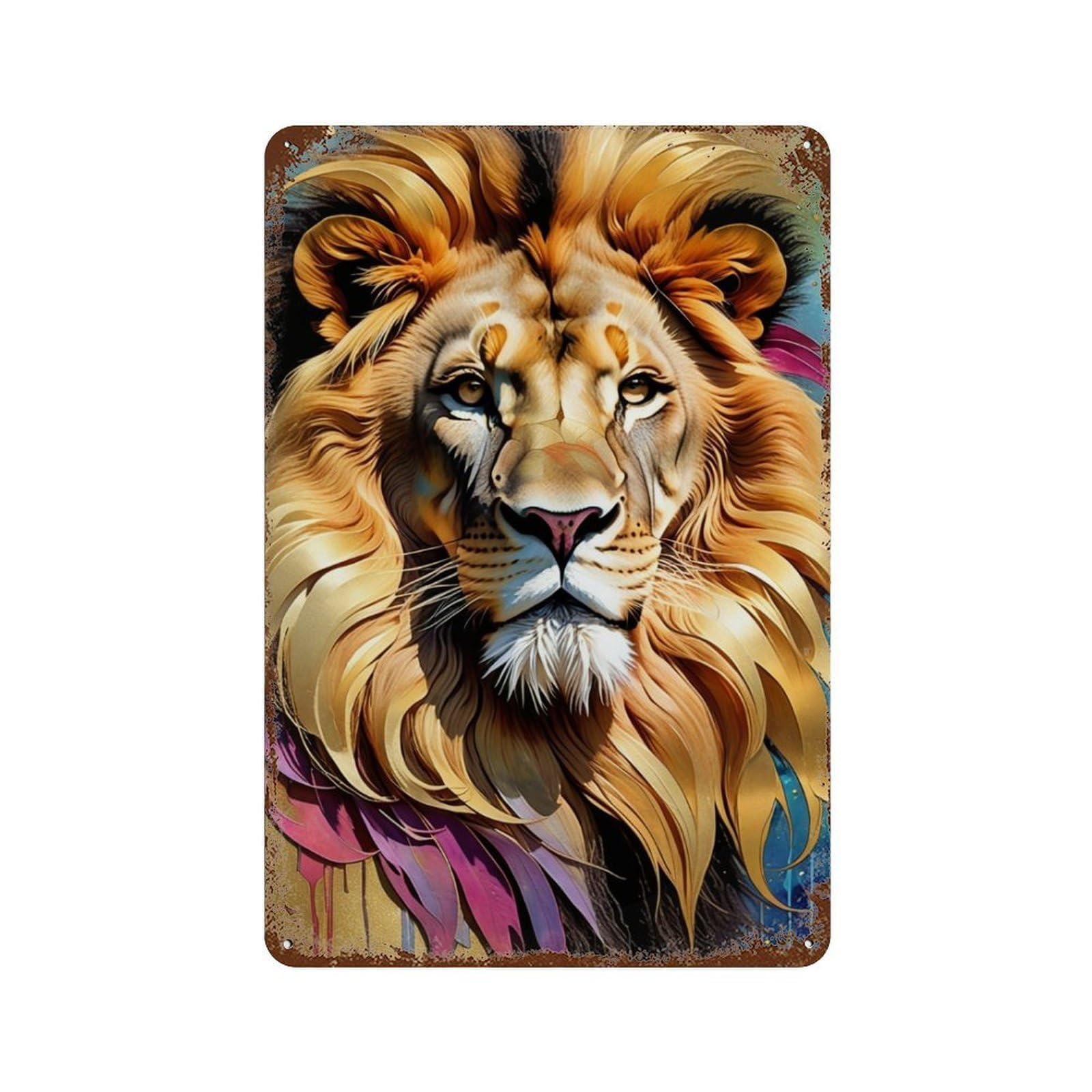 Rusty Metal Tin Sign with Colorful Lion Portrait Artwork Design 11.8"x7.9", for Farmhouse, Kitchen And Entryway Decor, Classic Wall Plaque