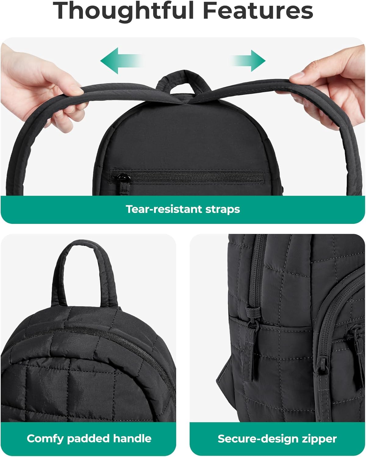 BAGSMART College Laptop Backpack, Travel Backpack for Women, Quilted Casual Daypack, Water-Resistant Bookbag, Mini-9.7 inch, Classic Black - Image 6