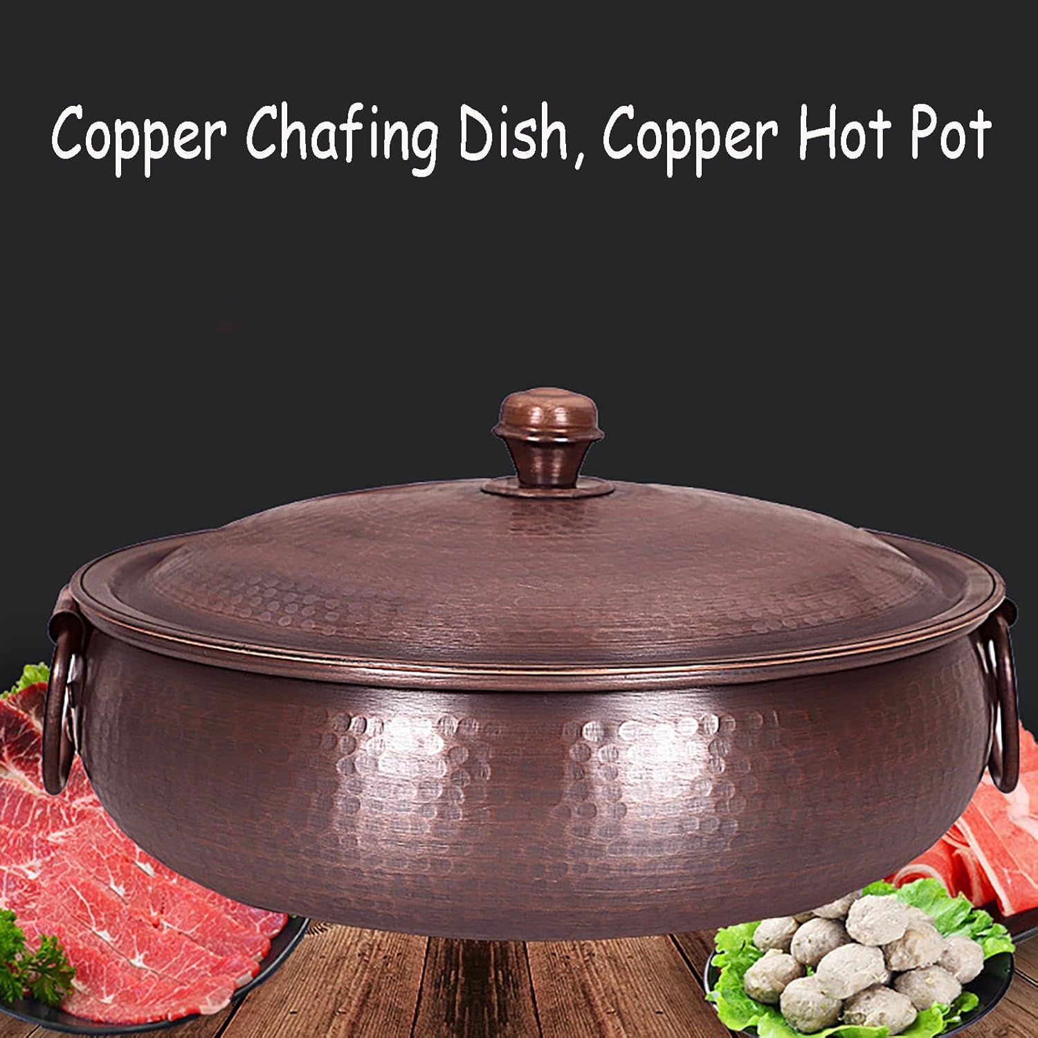 Hammered Copper Hot Pot Copper Chafing Dish,Traditional Induction Pot, Thick with Lid, Cooking Pot for Home for Household Restaurant Parties,26CM
