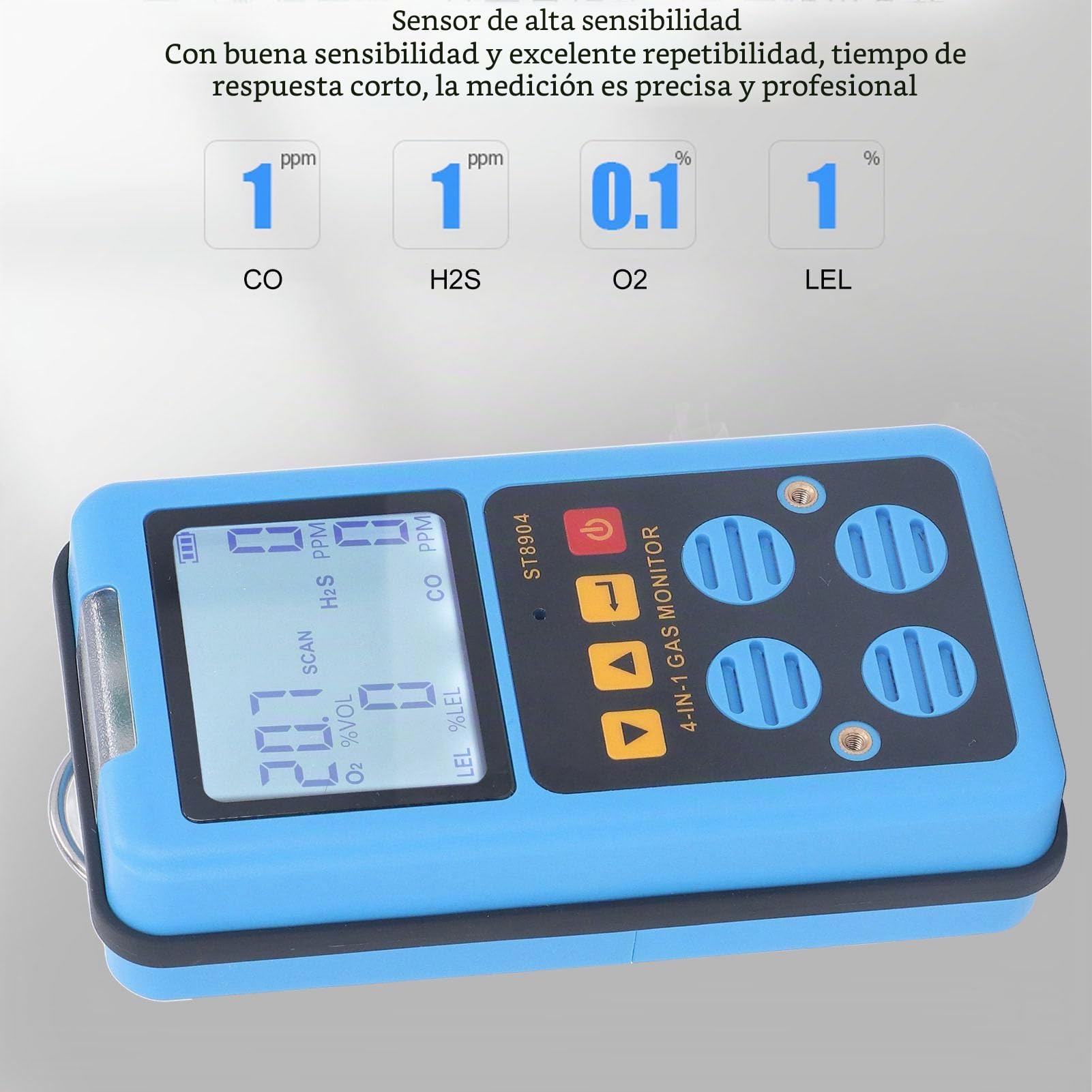 Detector de Gas 4 en 1, Monitor de Gas Múltiple CO H2S O2 LEL Analizador de Probador de Alarma Pantalla Retroiluminada