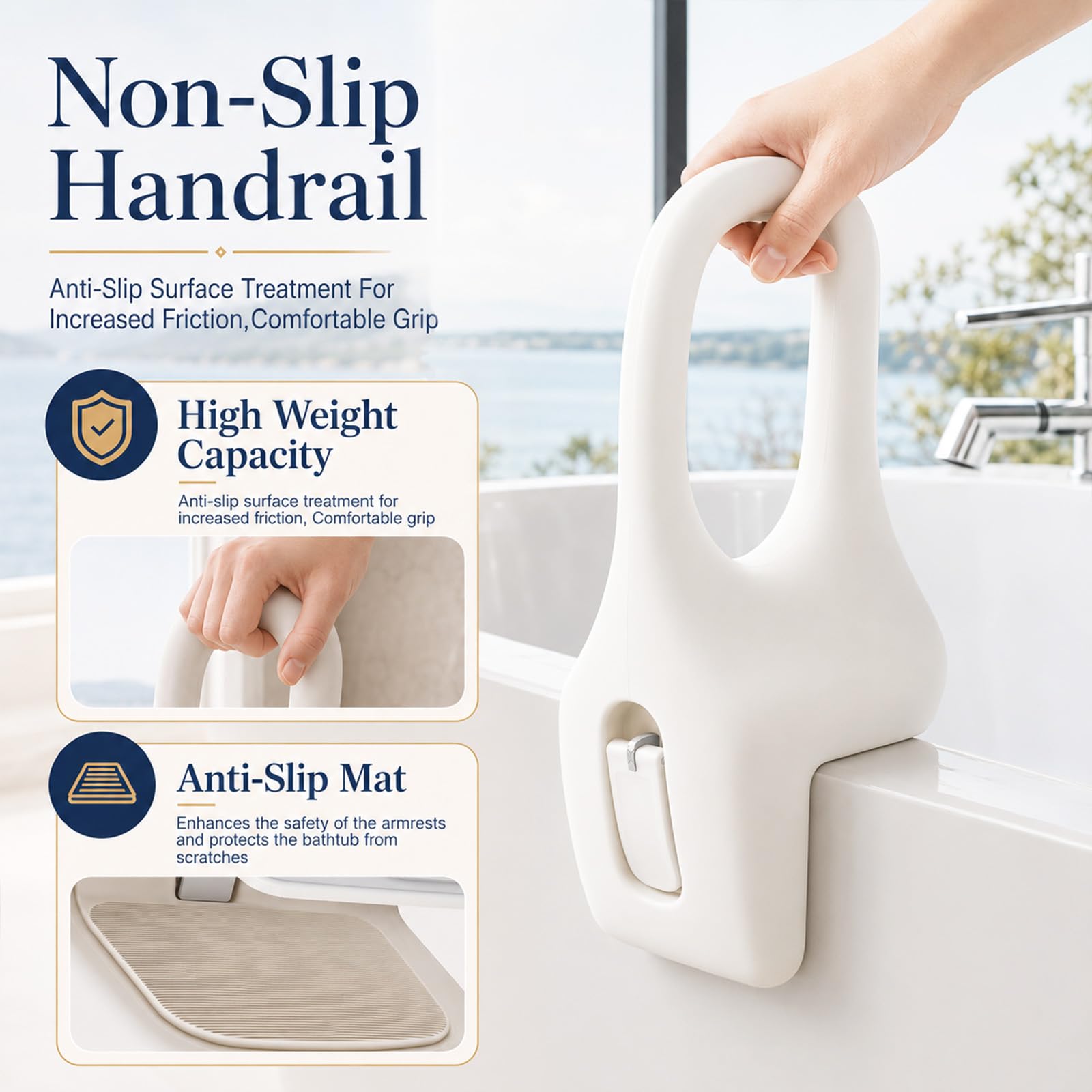 Asidero para bañera para personas mayores, mango de bañera sin necesidad de taladrar, ancho ajustable 7 ~ 16 cm, material soplado de polietileno, asidero para baño, color blanco, ayuda para entrar y