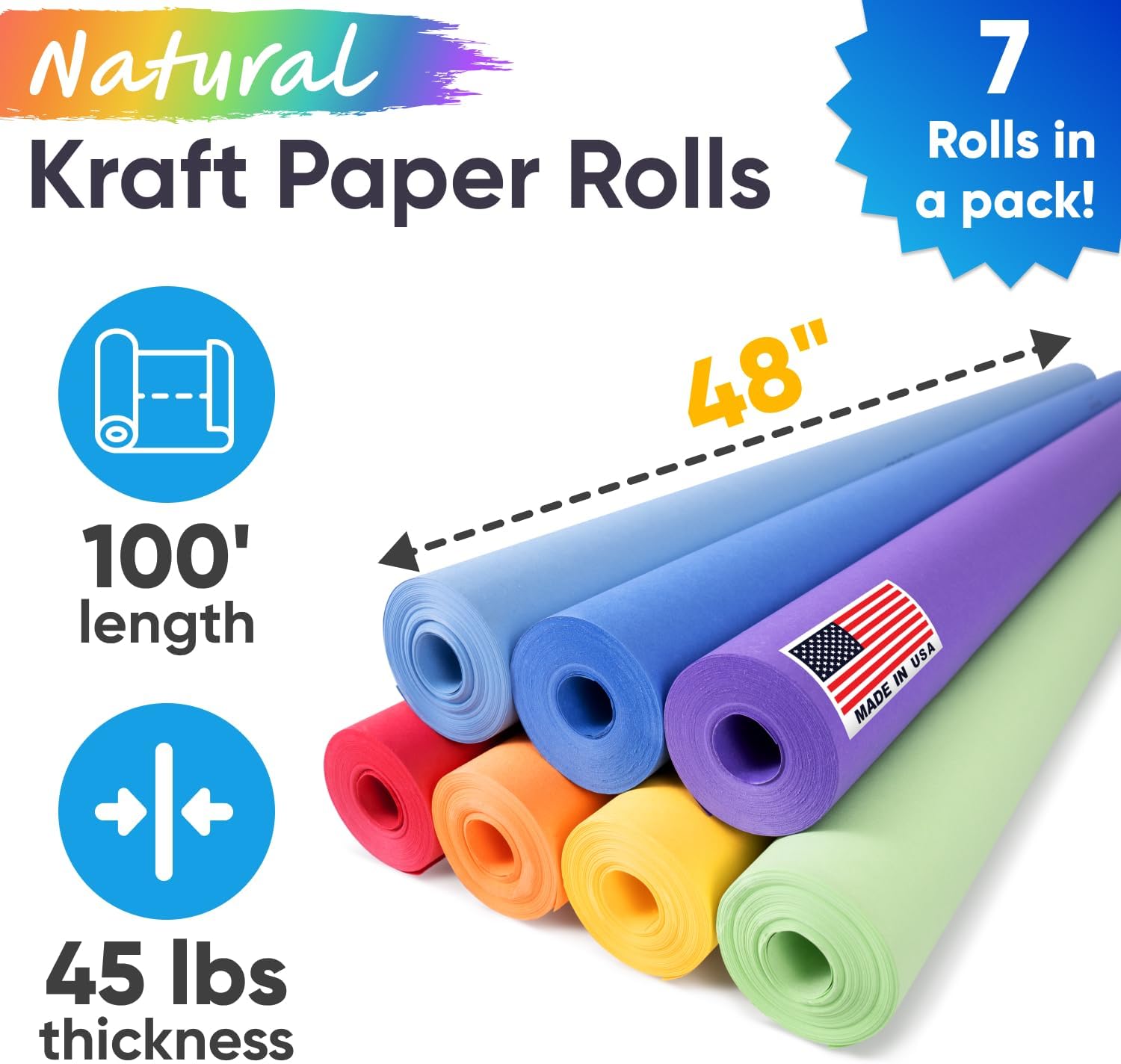 48" x 1200" (100 ft) Pack of 7 Rolls, Rainbow Kraft Paper Set, 45 lbs/66 GSM - USA Made Colored Packing Paper for Arts and Crafts, DIY Projects, Gift Wrapping