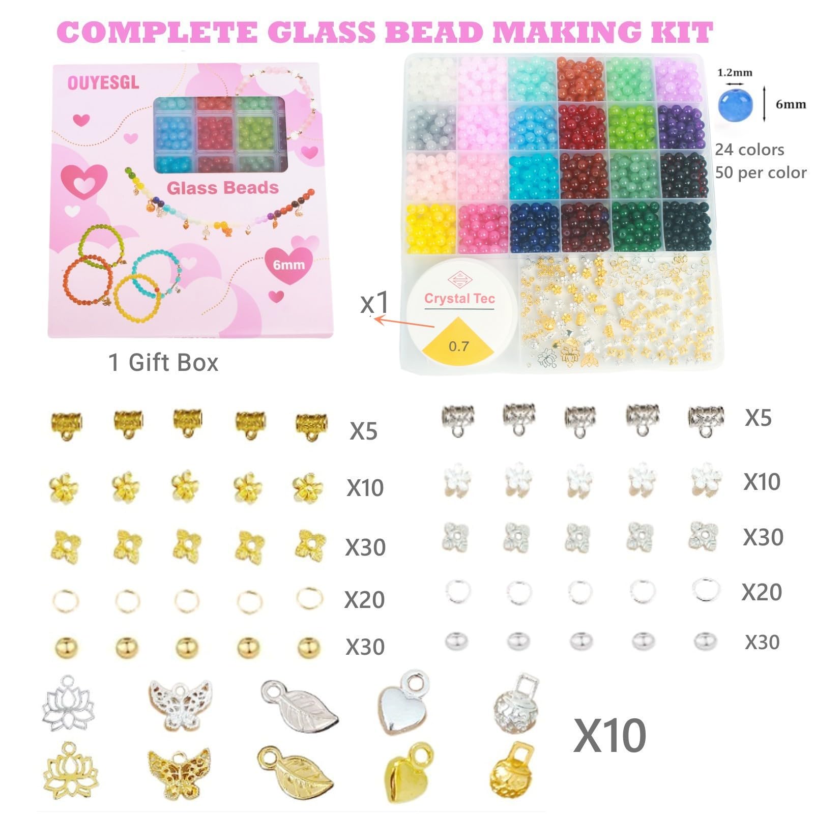 OUYESGL Glass Beads Bracelet Making Kit - 1400 Pcs 6mm Crystal Beads for Jewelry Making, 24 Colors, Friendship Bracelet DIY Crafts