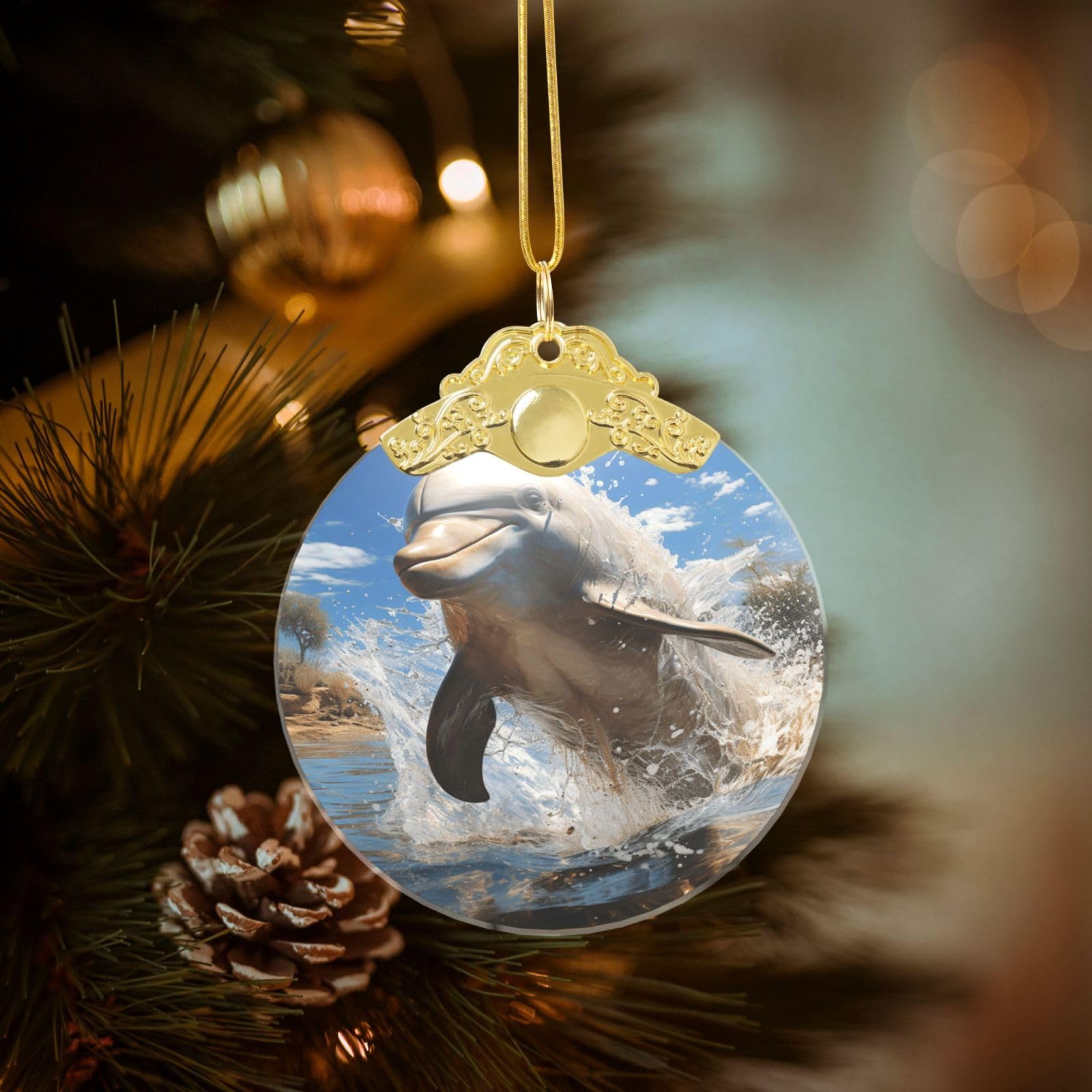 There is A Dolphin Jumping Christmas Ornament 2025, Round Glass Xmas Hanging Pendant for Xmas Tree Decoration,Cute Holiday Hanging Decorations Keepsake for New Year Family Party Wedding Decor