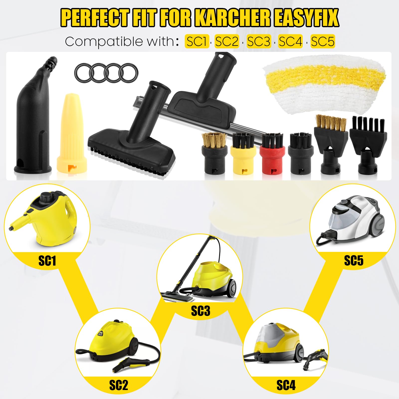 18 Stück Zubehör für Kärcher Dampfreiniger SC1 SC2 SC3 SC4 SC5 – Dampfreiniger Bürste Set, inkl Mikrofaser-Tücher, Gebogene Düse, Fugenbürste, Fensterabzieher – Perfekt für Gründliche Reinigung