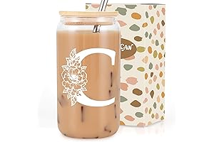 Coolife Initial Glass Cup: Personalized Gift for Women with 16 oz Capacity, Lids, and Straws