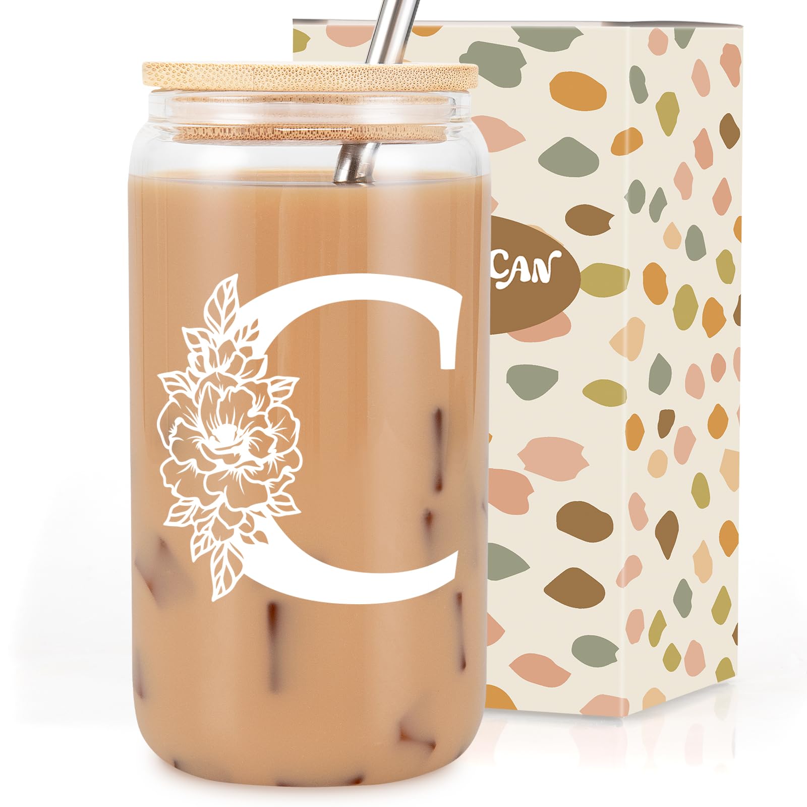 Coolife Initial Glass Cup, Monogrammed Gifts for Women, 16 oz Tumbler w/Lid