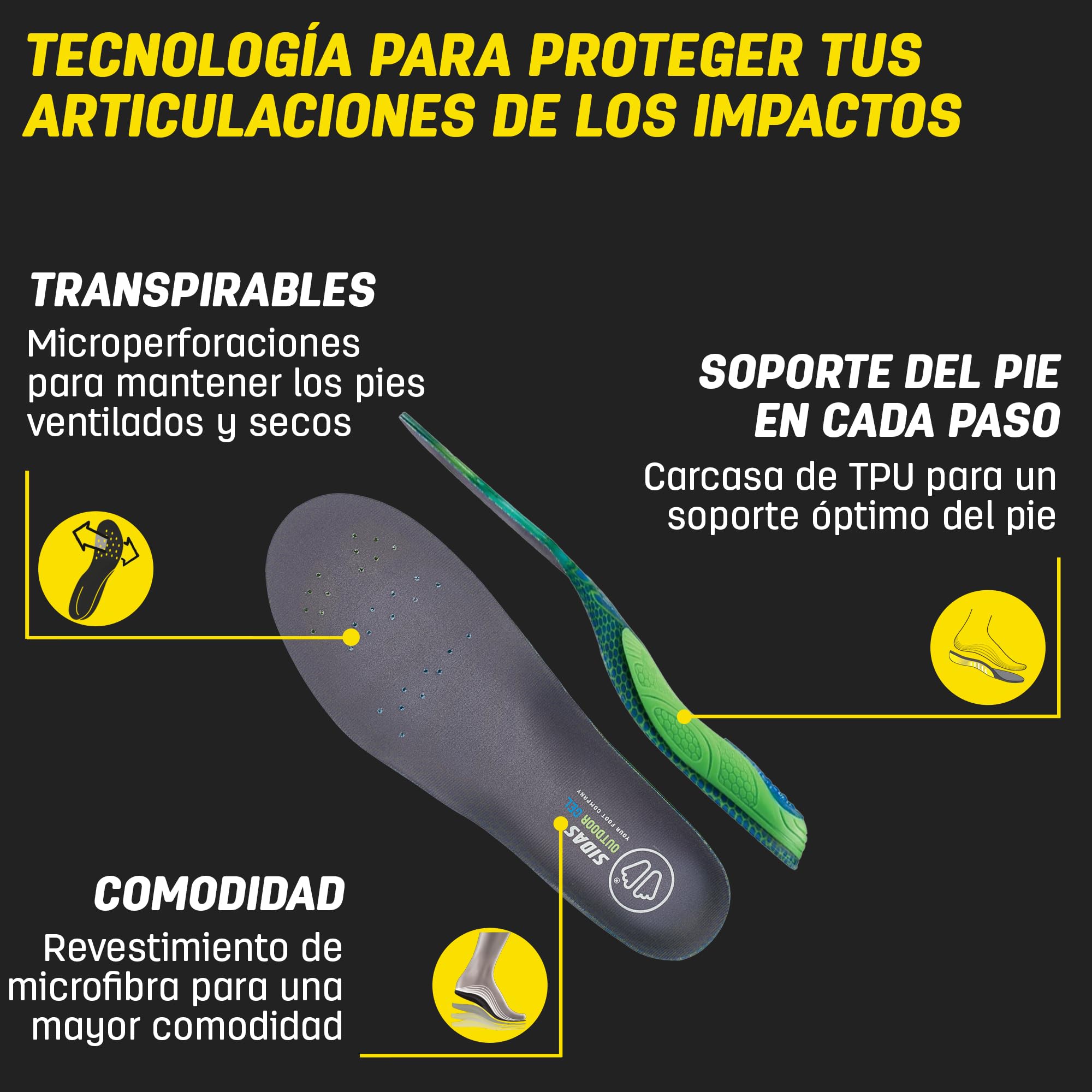 Sidas Outdoor Gel, Plantillas de Gel para Calzado de Diario y para Caminar, Plantillas para Actividades Outdoor, Transpirabilidad, Distribución de Impactos, Sujeción del pie