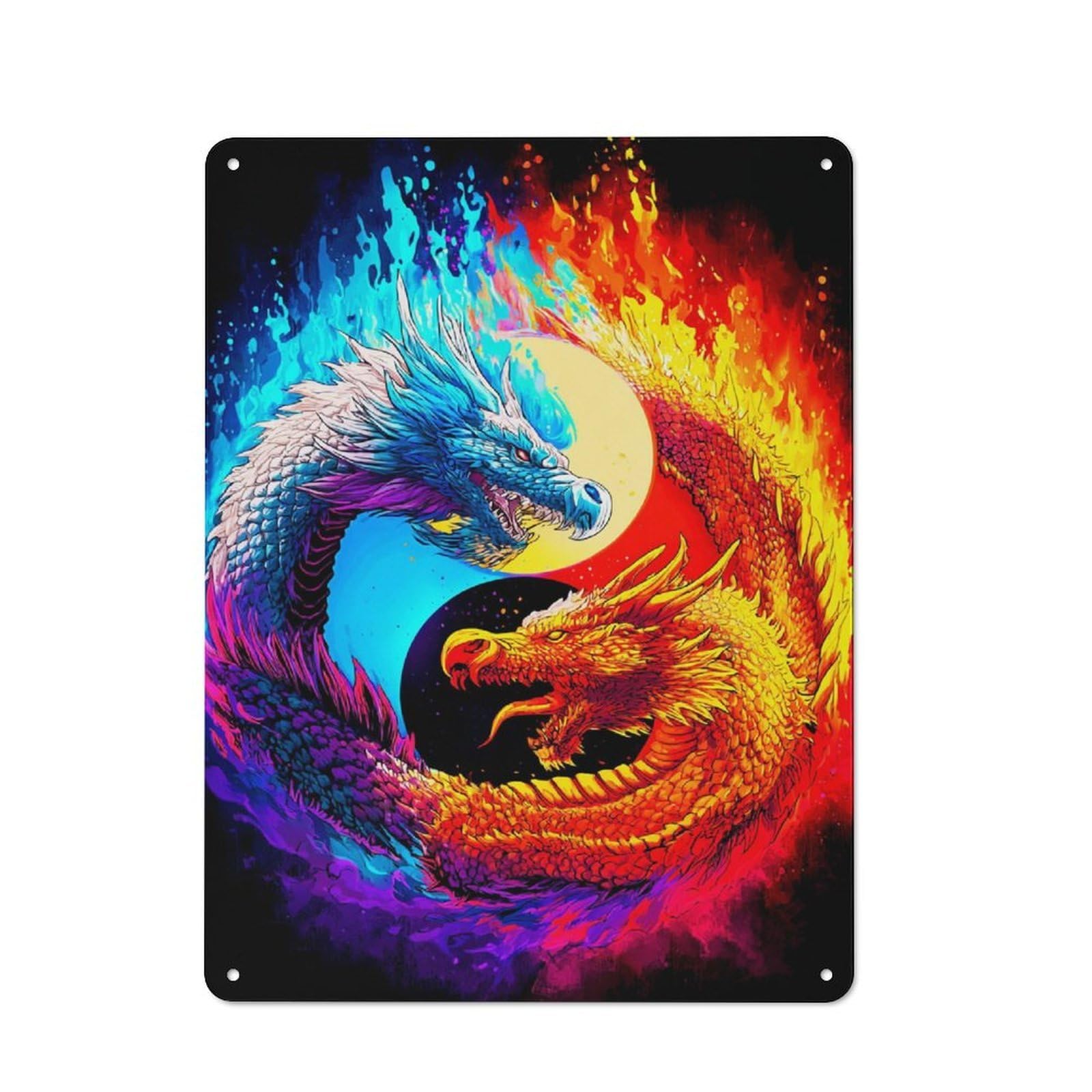 Junmoney Yin Yang Dragons Symbolic Artwork -2 Tin Sign With Design 40X30cm, Vintage Workshop Wall Decor For Tool Room, Garage, Studio Or Home Bar