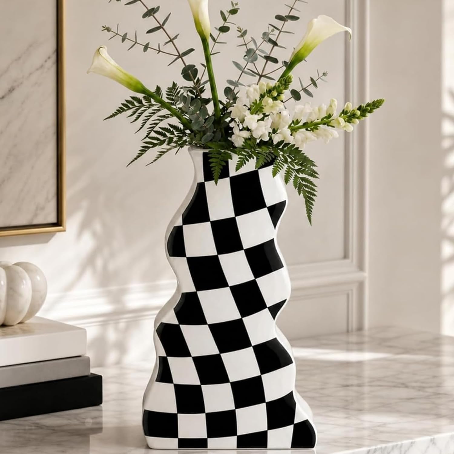 Black White Checkered Decorative Vase for Home Decor 9 Inch