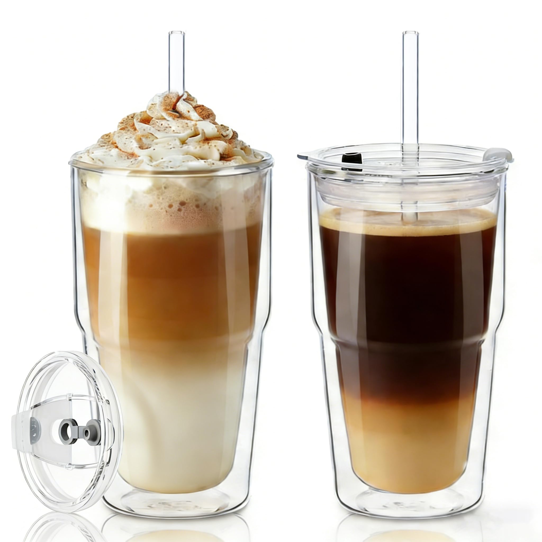 KEMORELA 2er-Set Doppelwandige Glasbecher 480 ml mit Deckel & Strohhalm – Isolierende Thermogläser für Latte Macchiato, Kaffee, Eiskaffee & Kalte Getränke