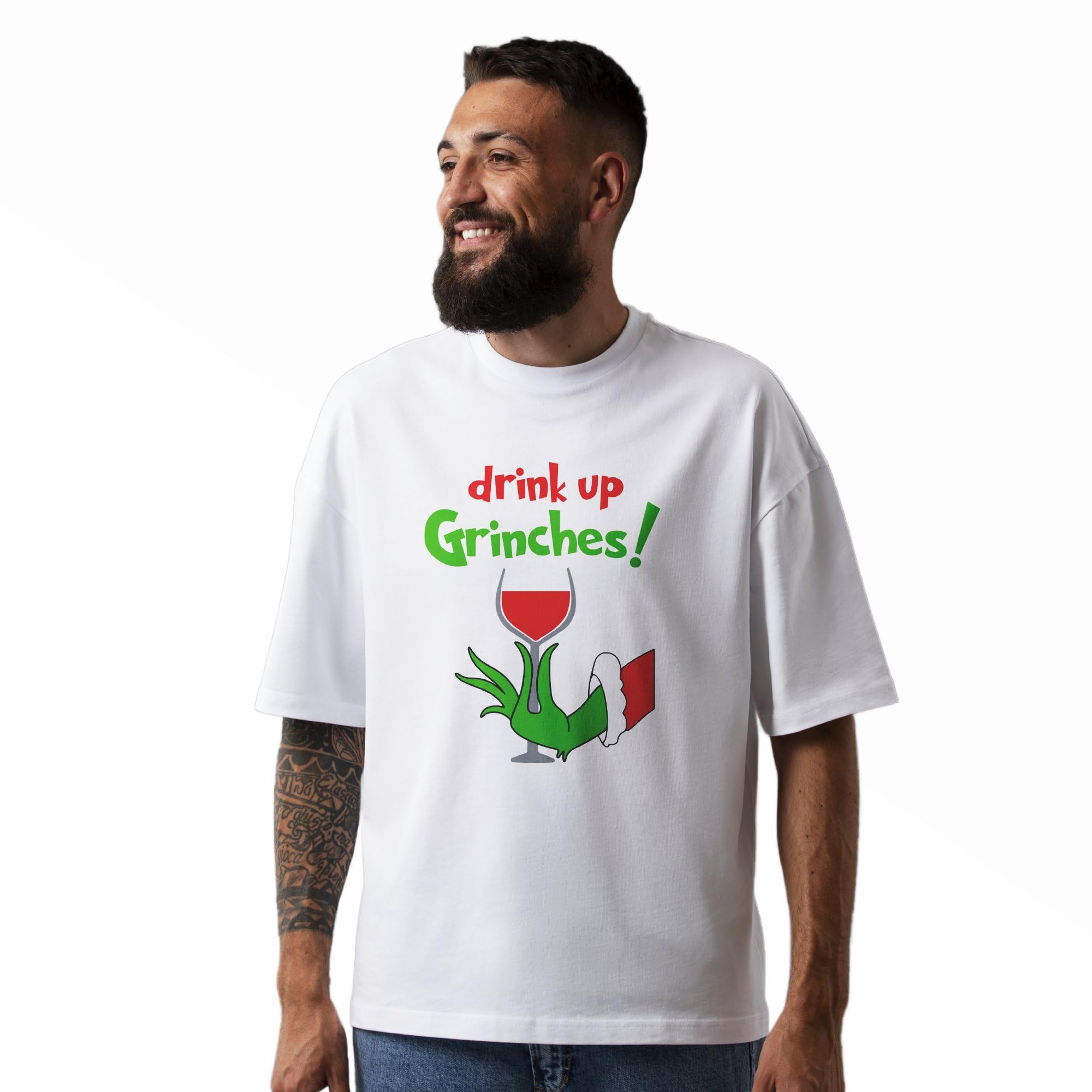 Seek Buy Love Unisex Oversized T-Shirt, Drink Up Grinches! Christmas Wine Funny Holiday Tee, Casual Comfort Festive Idea