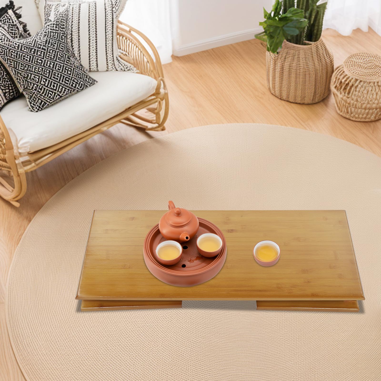 Japanese Folding Coffee Table, Foldable Bamboo Floor Table with Landscape Carving, Japanese End Table, for Bedroom, Living Room, Sturdy Room, for