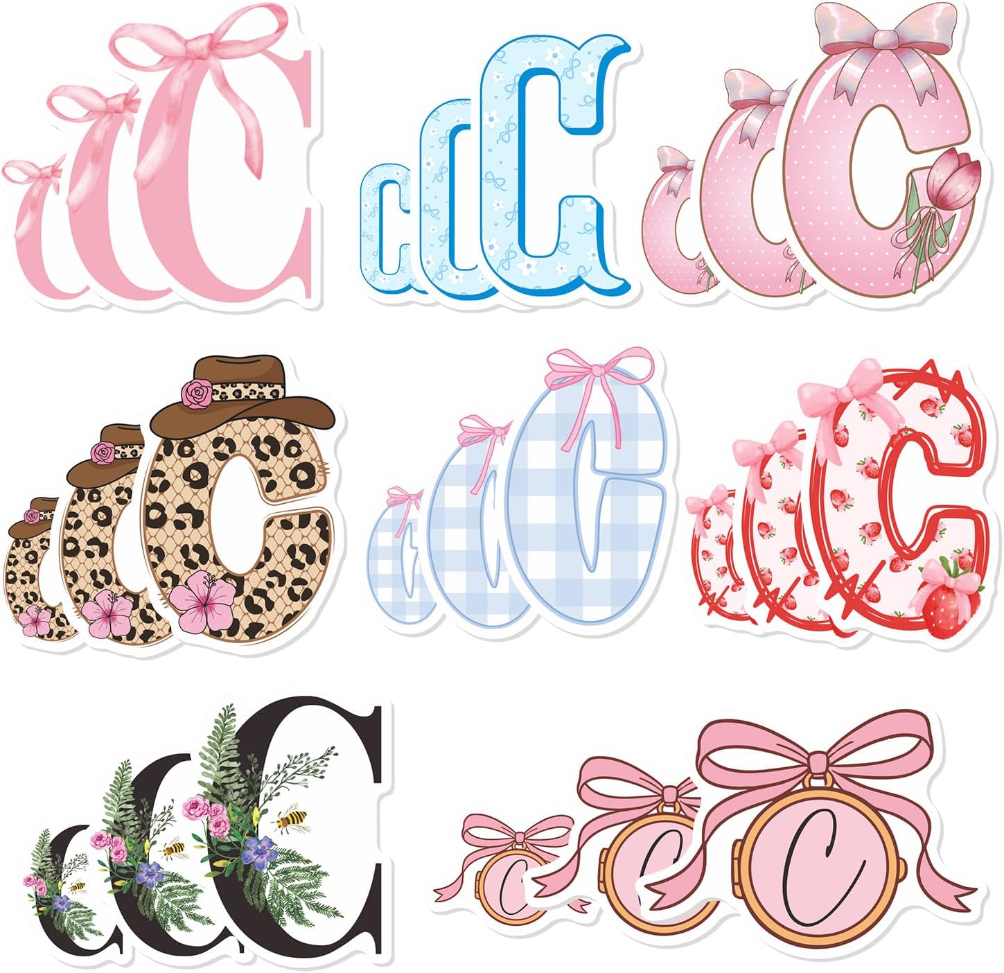 48 PCS Initial Monogram Stickers for Water Bottles Cute Pink Aesthetic (C)