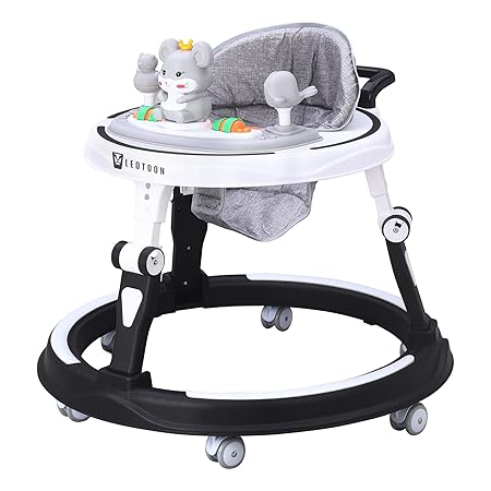 Leotoon Cordella Baby Walker | 4 Level Adjustable Height | 4 Level Adjustable Seat | Musical Tray | Unisex | LED Decorated | Foldable Design | 6 Mute Wheels | Switchable Food & Musical Tray | Cute Rabbit | Safe | BIS Certified | (Black) (6-24 Months)