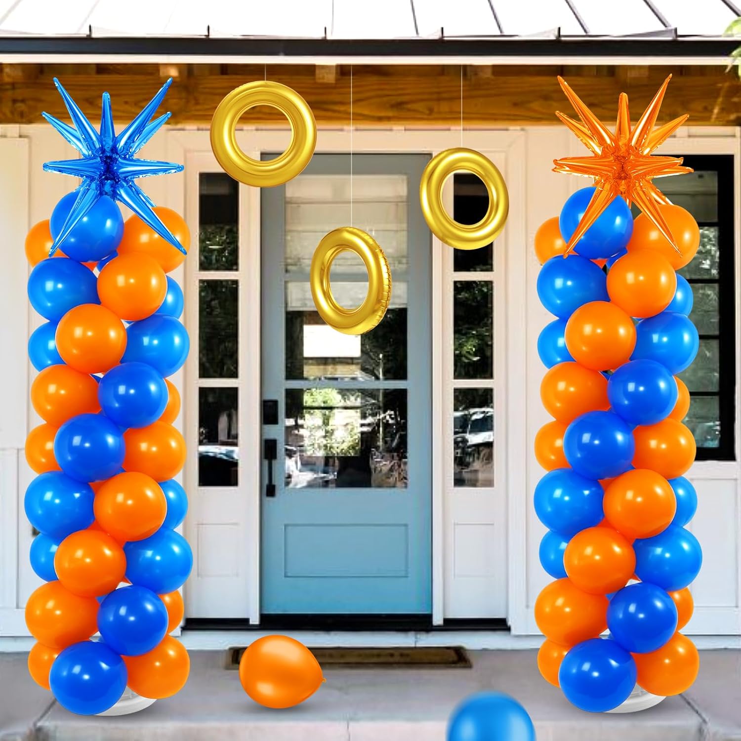 Sosation 2 Set Blue Orange Toy Inspired Cartoon Balloon Column Stand Kit with 2 Star Foil Balloons 120 Pcs Latex Balloon Adjustable Stands for Carnival Birthday Space Party Decorations