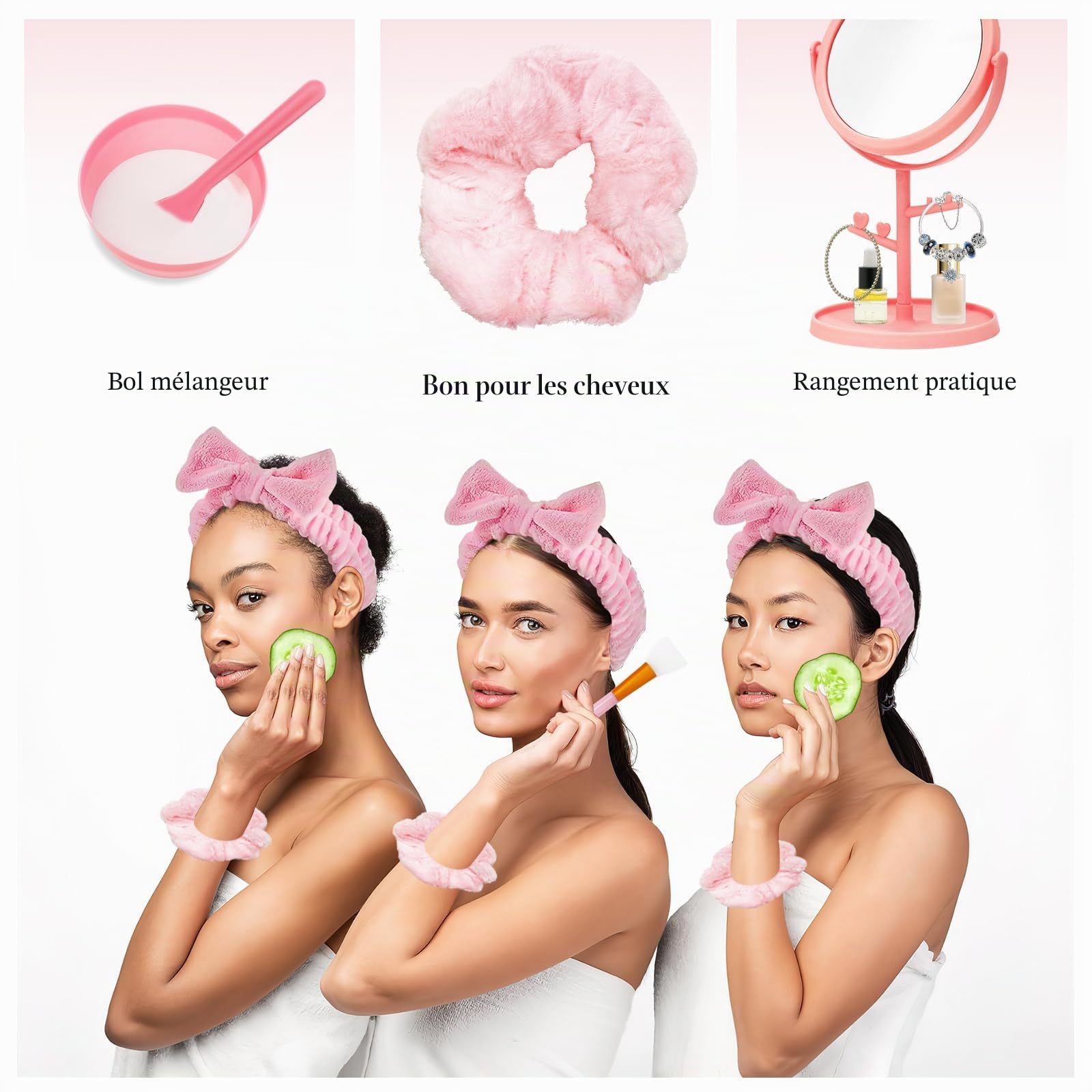 Lot de 6 Kits Spa Rose, 48 Accessoires Beauté pour Soirée Pyjama Fille | 6 Trousses, 6 Bols, 6 Pinceaux, 6 Spatules, 6 Miroirs, 6 Bandeaux, 6 Chouchous et 6 Serviettes pour Anniversaires et Cadeaux