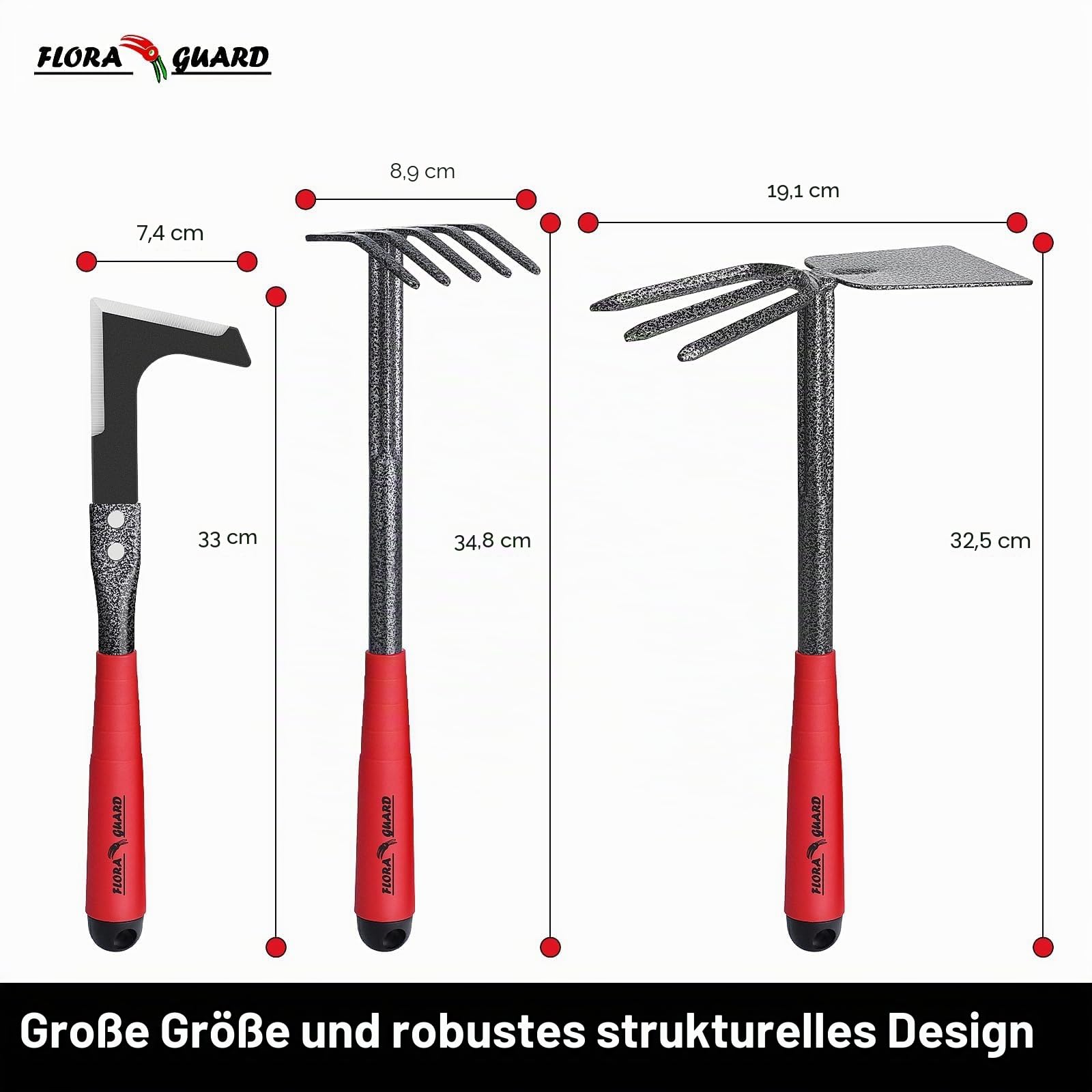 FLORA GUARD 6-teiliges Gartenwerkzeug Set, Gartengeräte Set mit Unkrautstecher, Kelle, Handrechen, Hacke & Kultivator aus Kohlenstoffstahl, Garten Handwerkzeug Set für Pflanzenpflege und Bodenarbeit