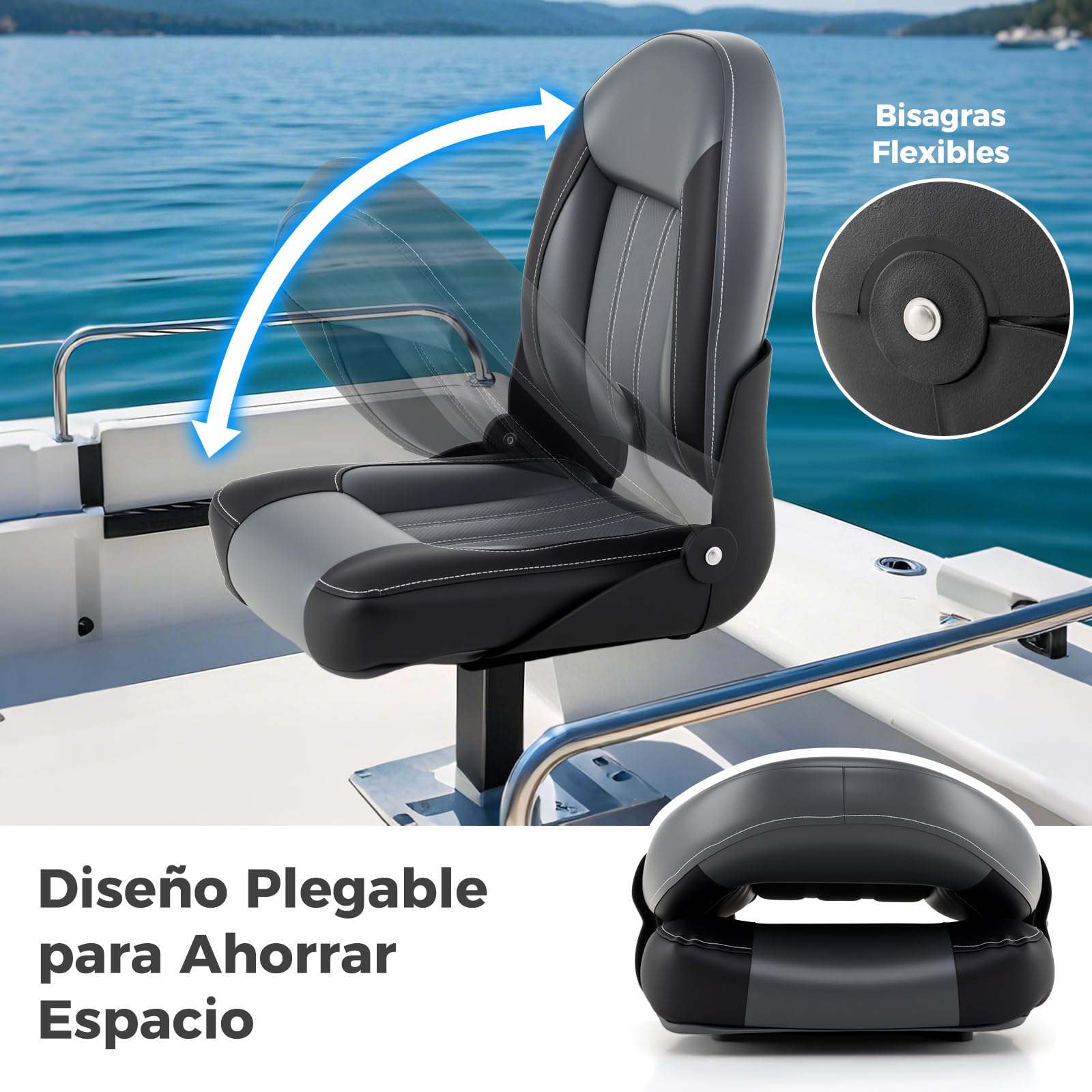 GOPLUS Juego de 2 Asientos de Barco con Respaldo Alto, Silla Plegable de Barco Impermeable, Costuras Reforzadas, Cojín Acolchado y Pernos de Montaje, Asiento Yate Ergonómico para Pesca, 46x52x58cm