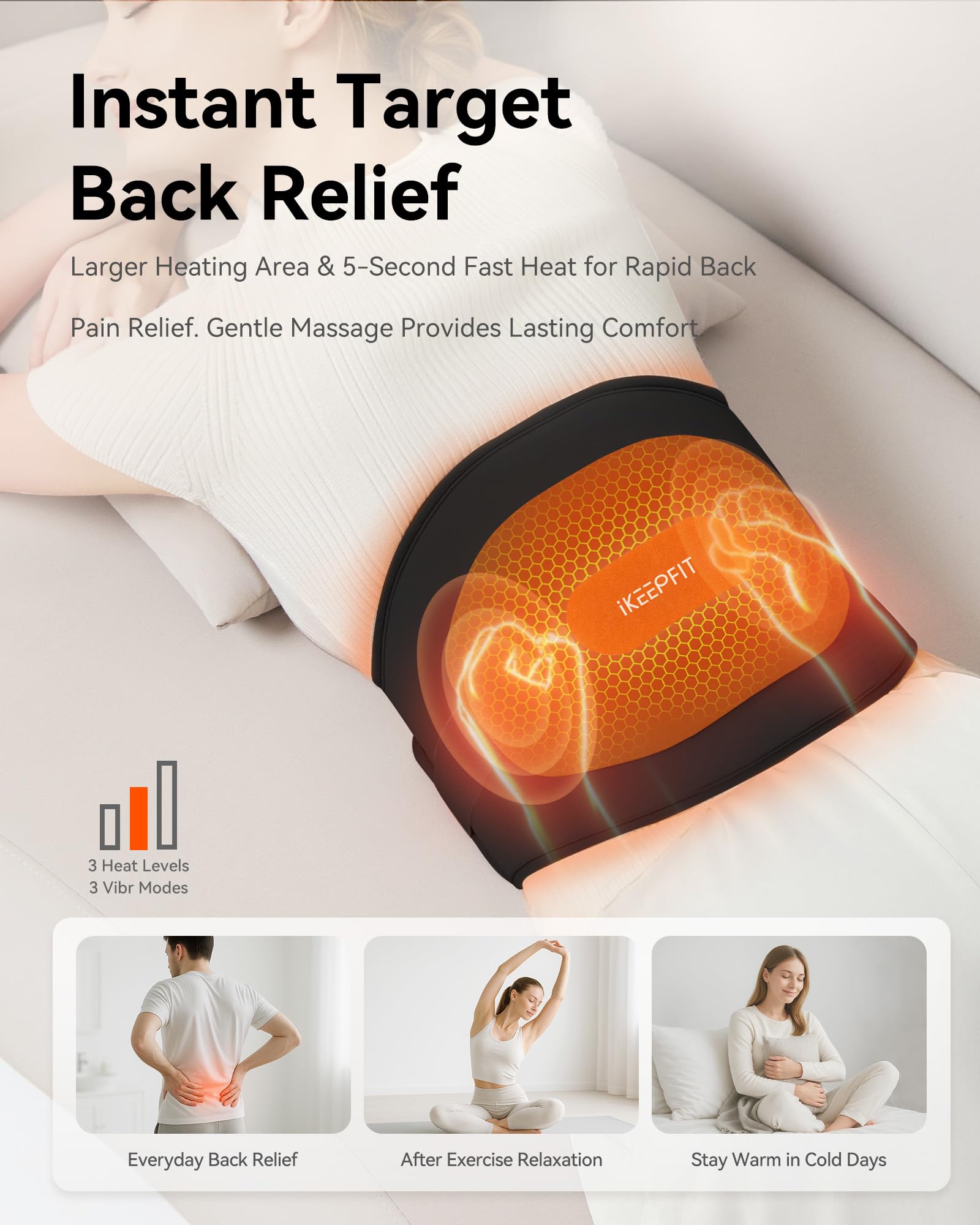 Almohadilla térmica inalámbrica para aliviar el dolor de espalda: MAXwarm 3.0 [2025 actualizada], almohadilla de calor eléctrica IKEEPFIT con masajeador para calambres menstruales, extra grande de 65