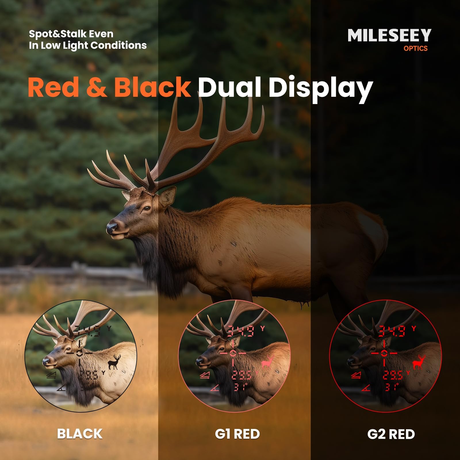 MILESEEY Telémetro de caza con pantalla roja ilustrada con campo de visión de 7.5° y telémetro láser de 1000 yardas con precisión de ± 0.5 yardas para Hunter con batería recargable