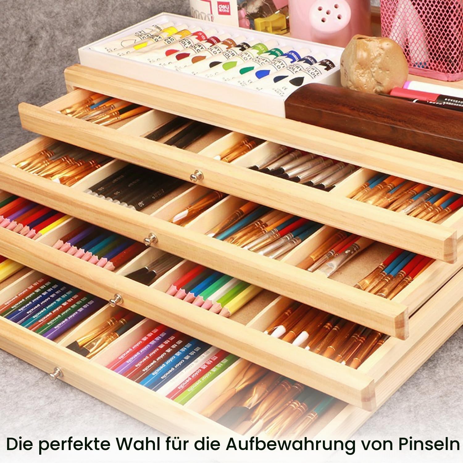 5 Schublade Holz Künstler Supply Aufbewahrungsbox,Holz Künstler Malkoffer Supply Storage Box 40x26x12.3 cm Für Pastellstifte,Bleistifte,Stifte,Marker,Pinsel,5 Schubladen,Tragbar