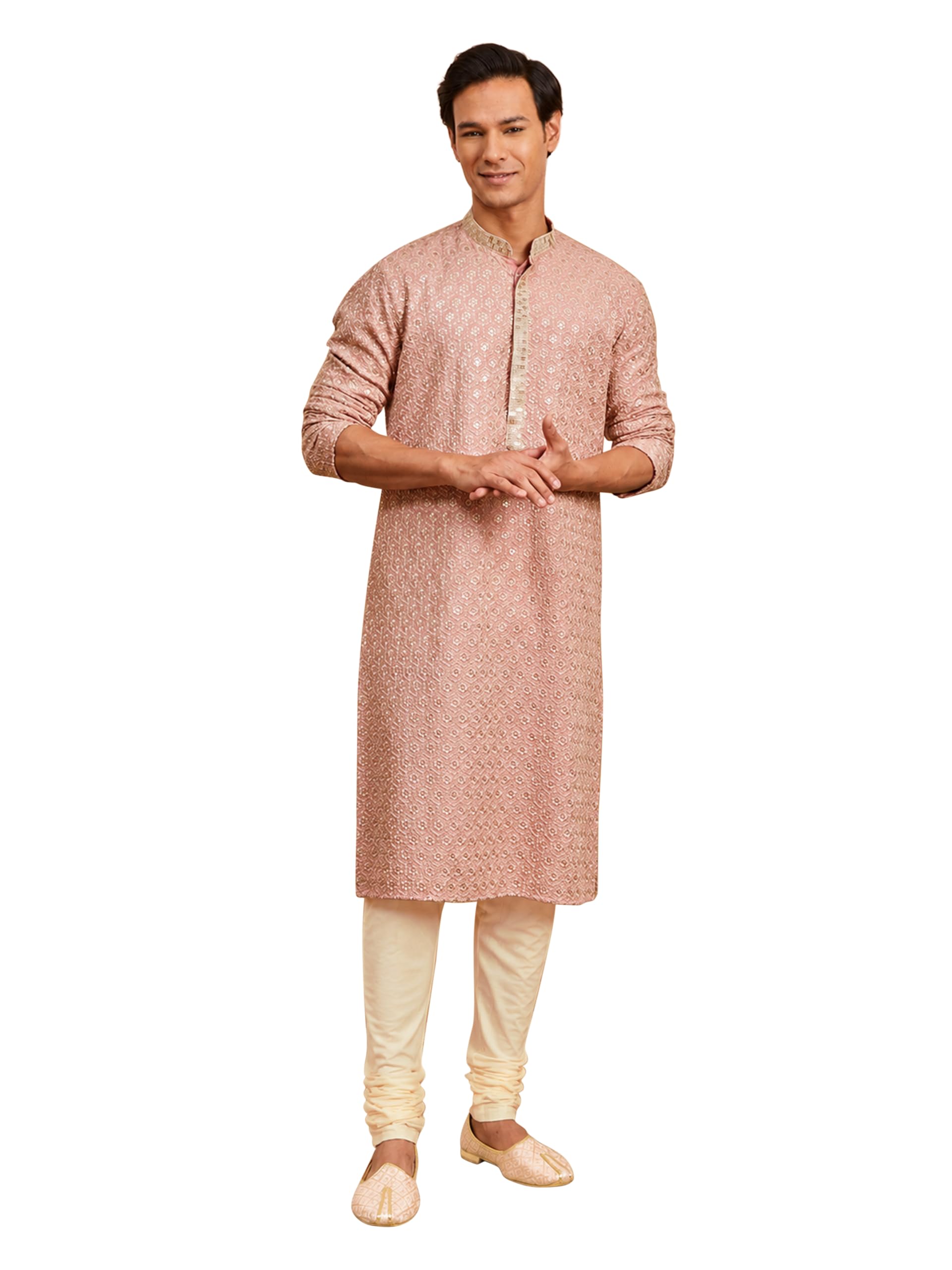 vastramay Men Chikankari Embroidered Rayon Kurta with Cream Churidar Set | Eid & Festive Outfit-picture-22