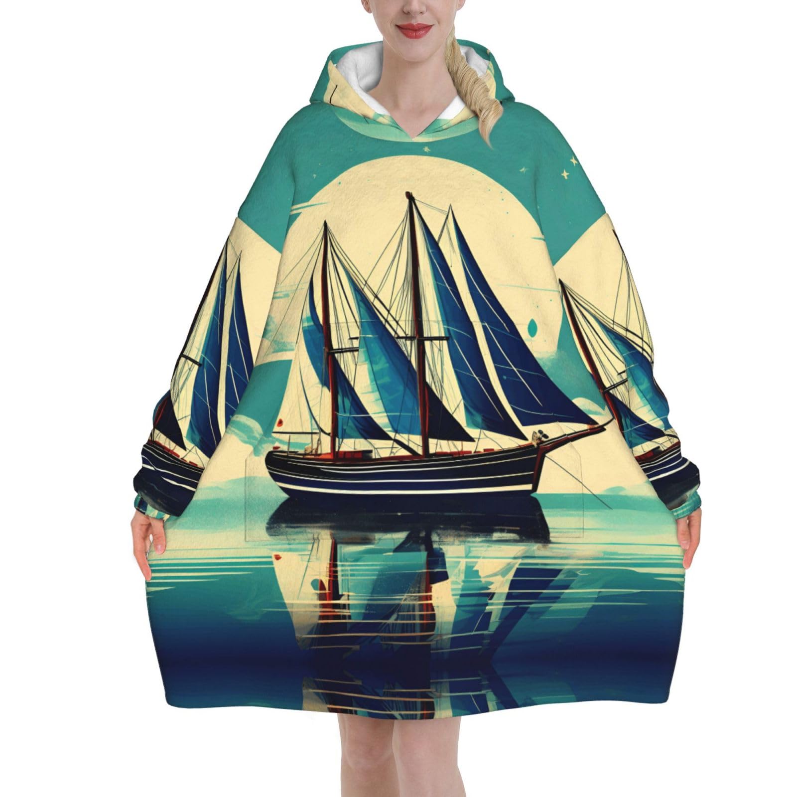 Couverture à capuche douce imprimé bateau à voile, le cadeau réconfortant - 8