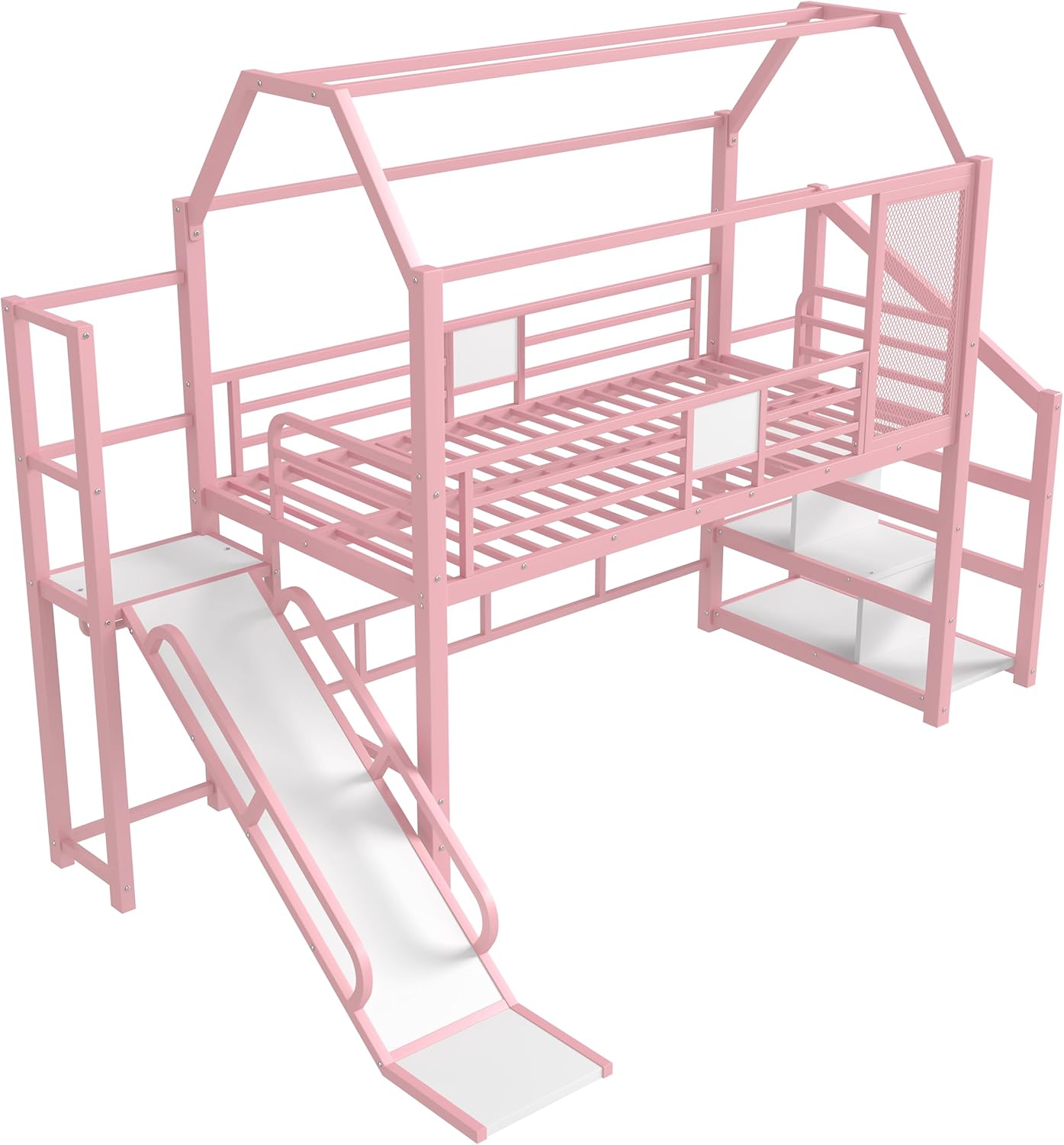 Twin Size Metal House Loft Bed with Slide and Stairs,Heavy Duty Playhouse Loft Bed Frame with Storage Shelves for Kids, No Box Spring Needed
