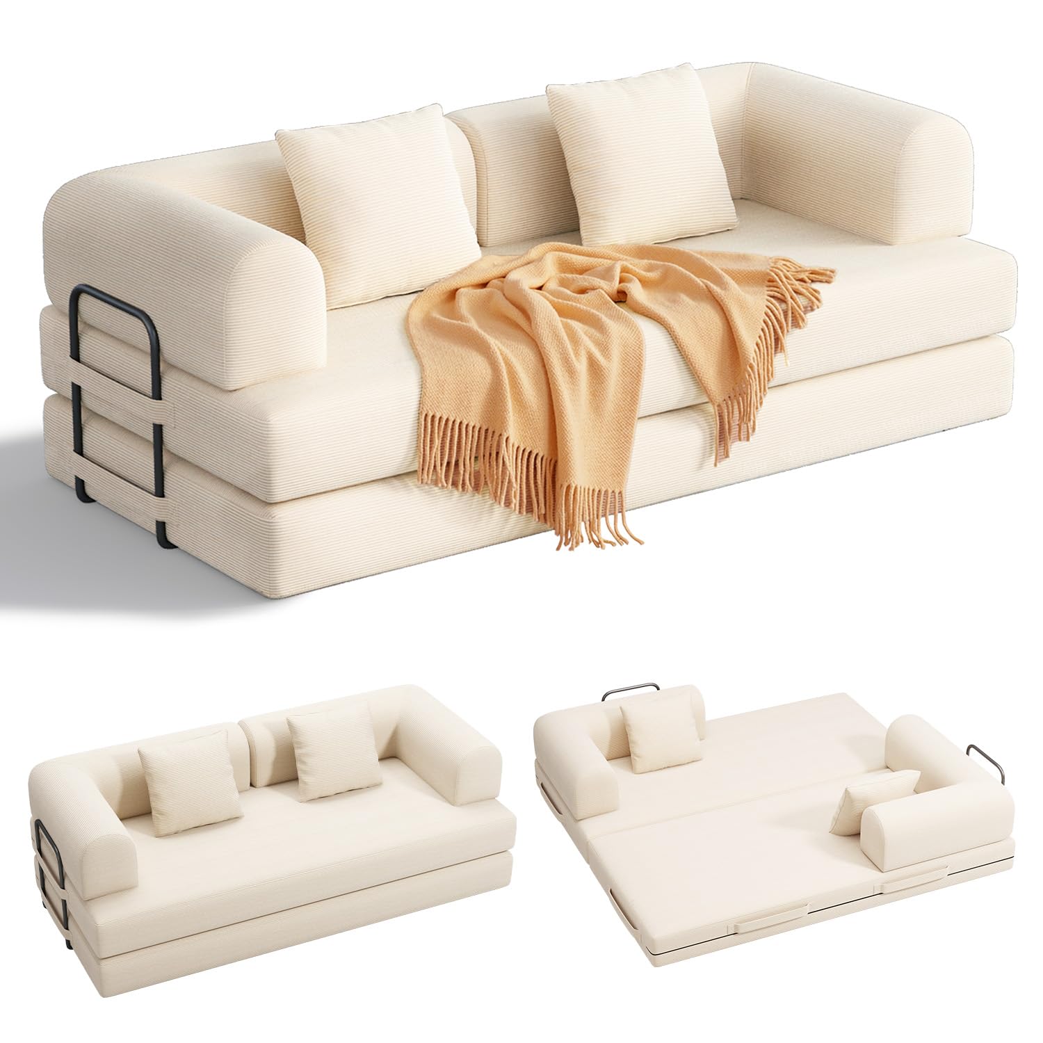 Xbro Sofá Cama 3 Plazas de 200cm,Sofa Modular con 5 configuraciones transformables，Sofa comprimido al vacio(Sin Montaje) de Pana para salón y Dormitorio, Blanco