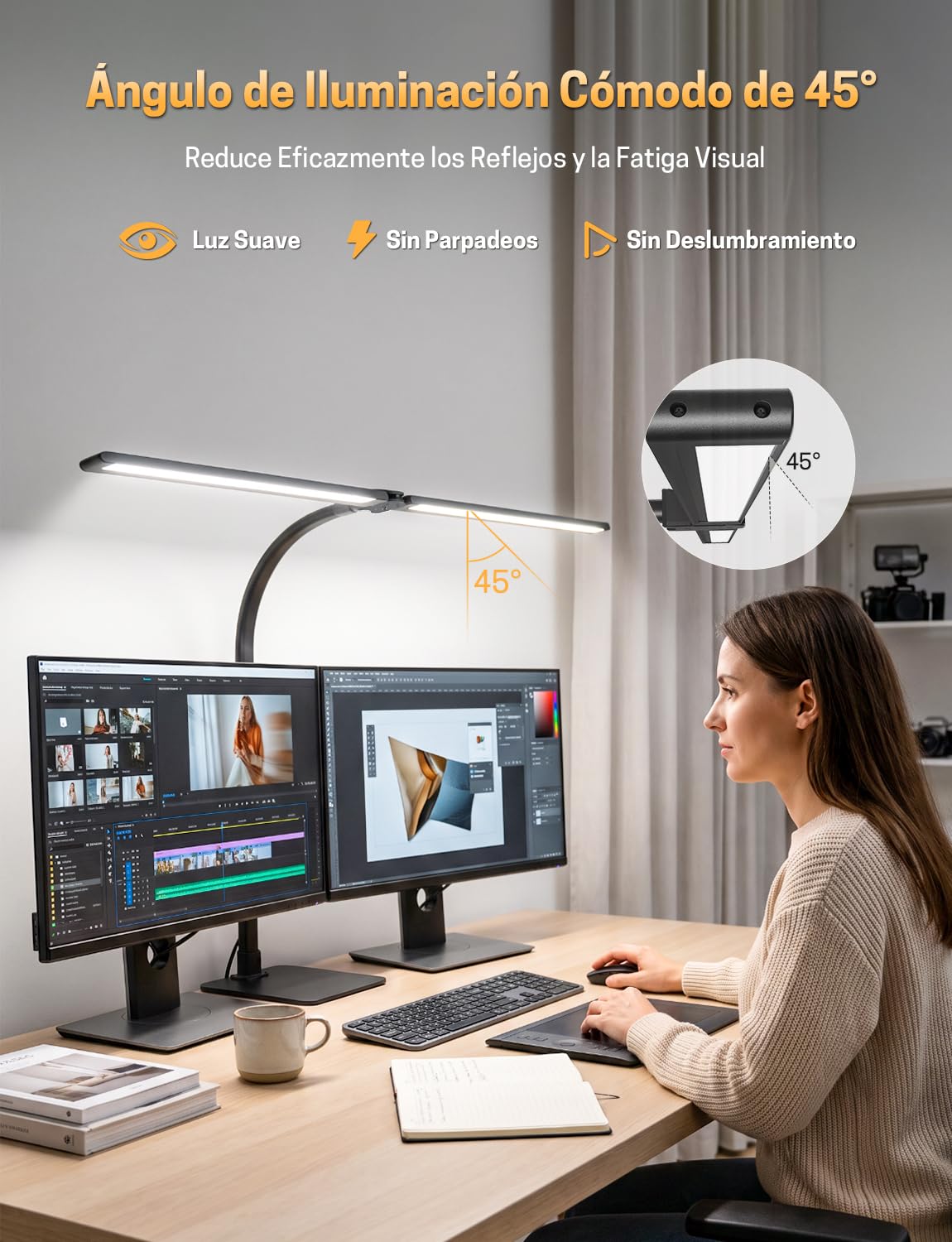 Lámpara de Escritorio LED Regulable 22W 1800LM – Base Mesa de Metal