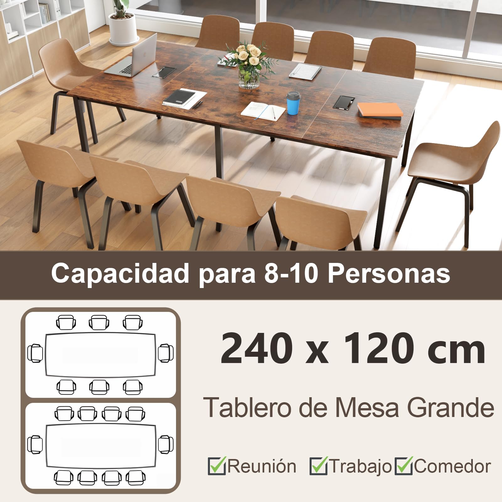 GYMAX Mesa de Conferencias, Ordenador de Oficina con 2 Pasacables, Escritorio Rectangular de 240 x 120 cm con Marco Metálico Resistente, Mesa Moderna para Seminarios para Sala de Reuniones
