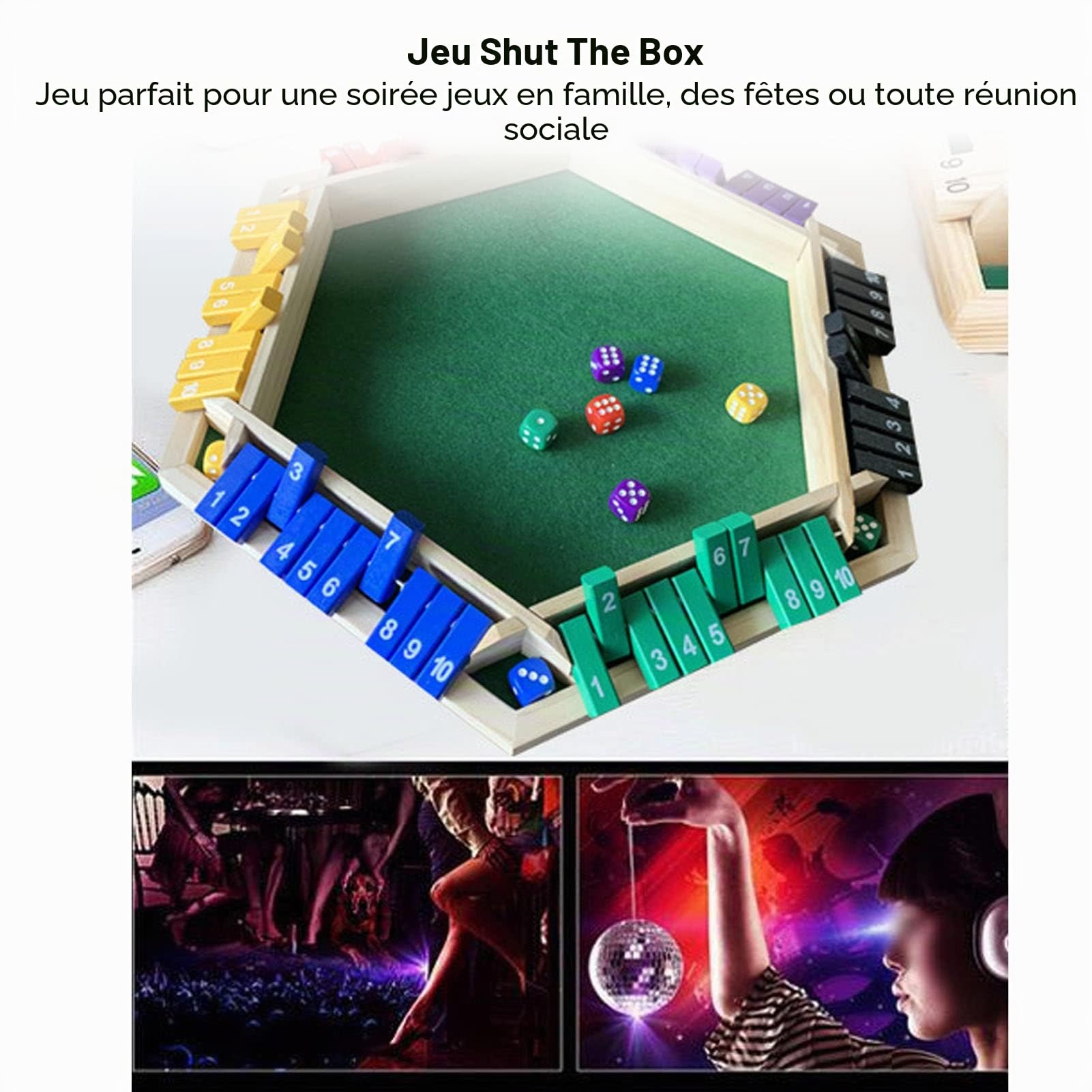 Shut The Box, Jeu de Table avec 12 Dés, 6 Joueurs en Bois à Faces Colorées