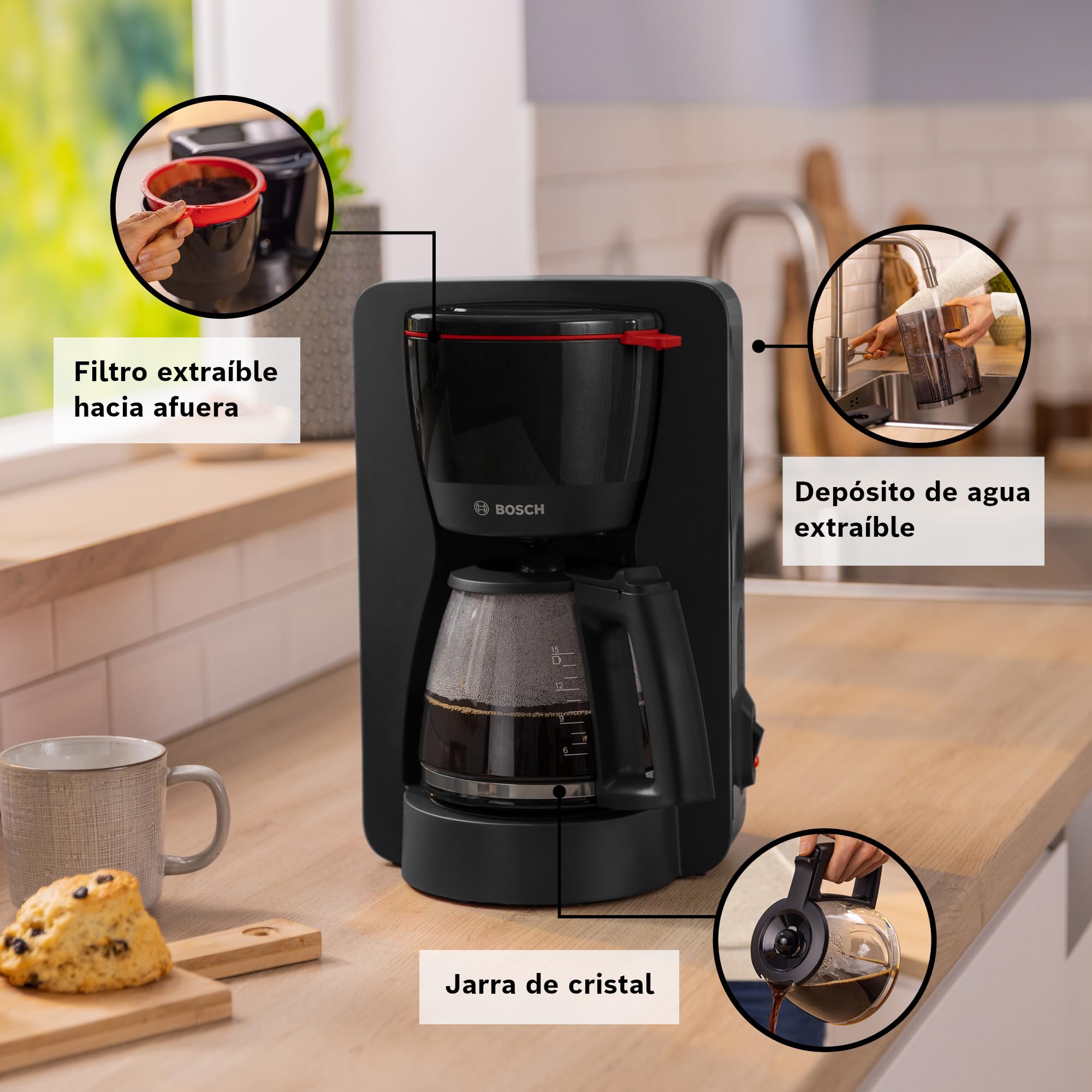 Bosch - Cafetera de Goteo, Jarra de Cristal Ergonómica, Depósito de Agua Extraible, Filtro Extraible, Apagado Automático, Anti Goteo, Negro, TKA2M113