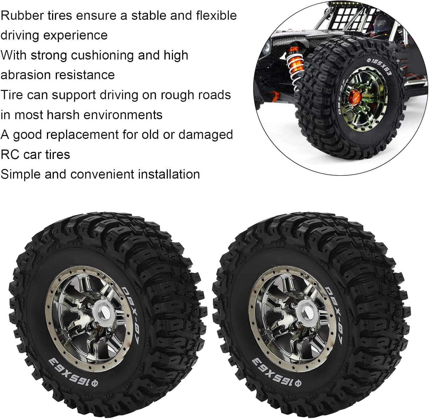 RC Rubber Tire Set, 2pcs/Set RC Wheels and Tires, 165mm/6.5in Diameter Wheel Tire for ZD Racing 1/7 ?07 Car Upgrade Part Car Tires Accessories(Titanium)