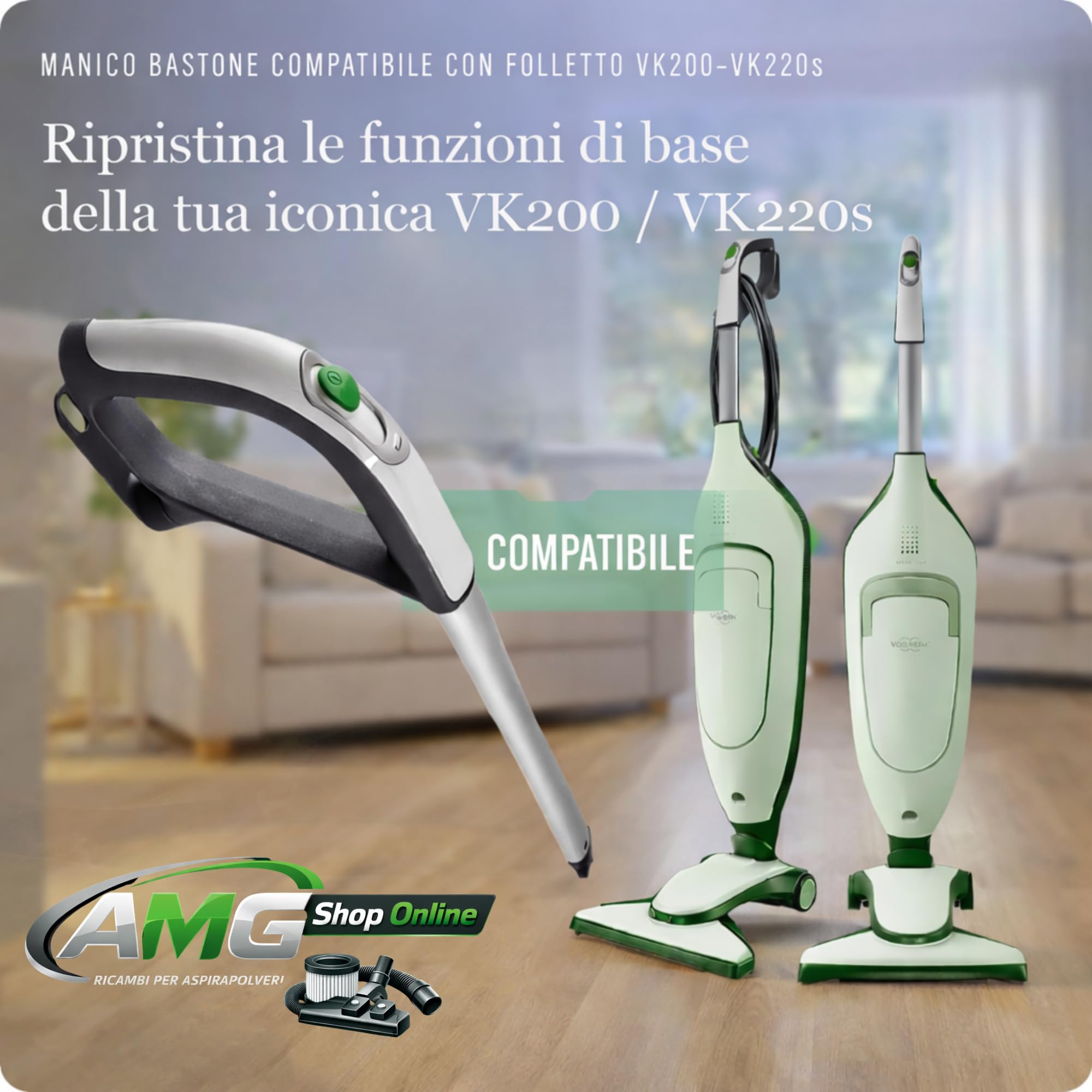Manico Folletto VK200/220S -COMPATIBILE- Con Interruttore Integrato, per Scopa Elettrica VK200-220s, PENULTIMO MODELLO, Manico Folletto Ergonomico Con Manico Antiscivolo - 3