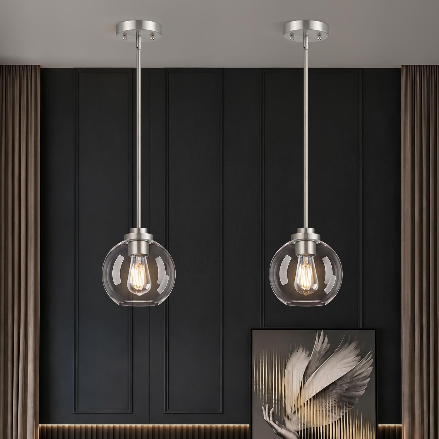 MQMQA 2 Pack Globe Pendant Lights, Mid Century Brushed Nickel Pendant Light Fixtures, Globe Pendant Lights Kitchen Island with Clear Glass Shade Hanging Fixture for Dining Room (Bulbs not Included)