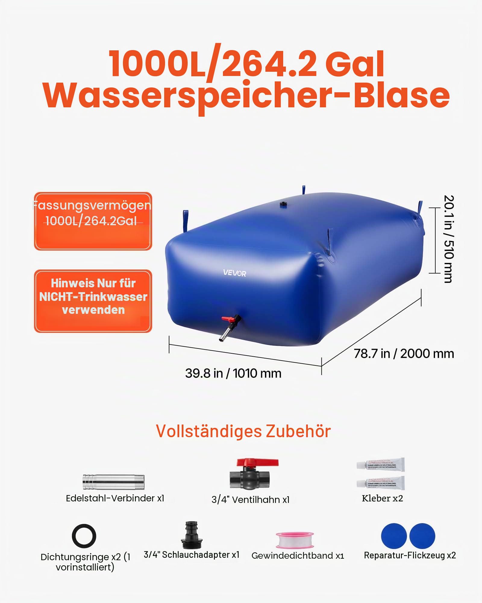 VEVOR Wasserspeicherblase, 1000 L PVC-Weichwasserbeutel, Wasserspeicherbehälter, auslaufsicherer & verschleißfester Wassertank für die Outdoor-Bewässerung von Wohnmobil, Camping, Notfall