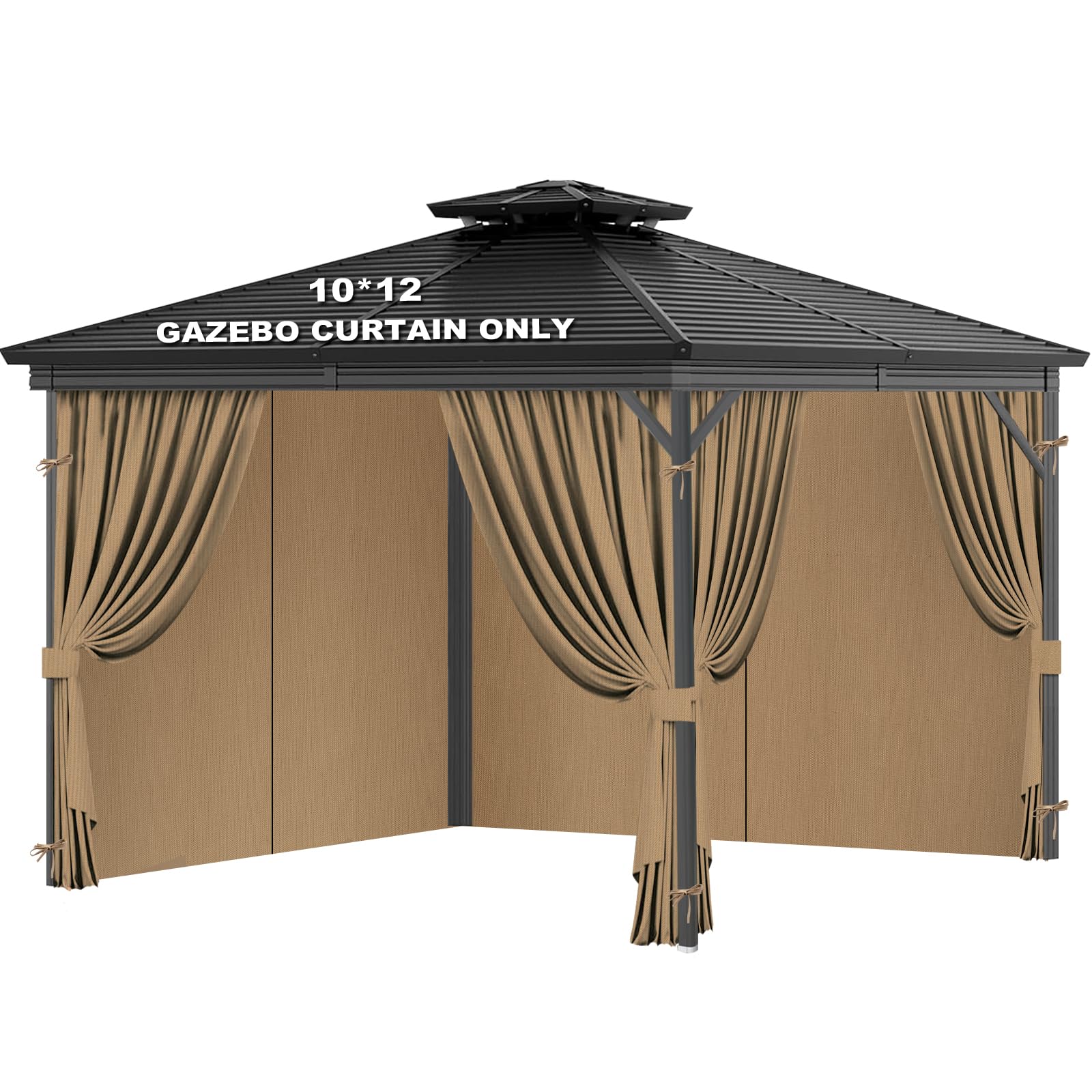Universal Replacement Privacy Curtains for Gazebos, 10x12 ft Outdoor Waterproof, 4-Piece Four-Sided Side Walls with Zippers (Curtains Only, Khaki)-image-20